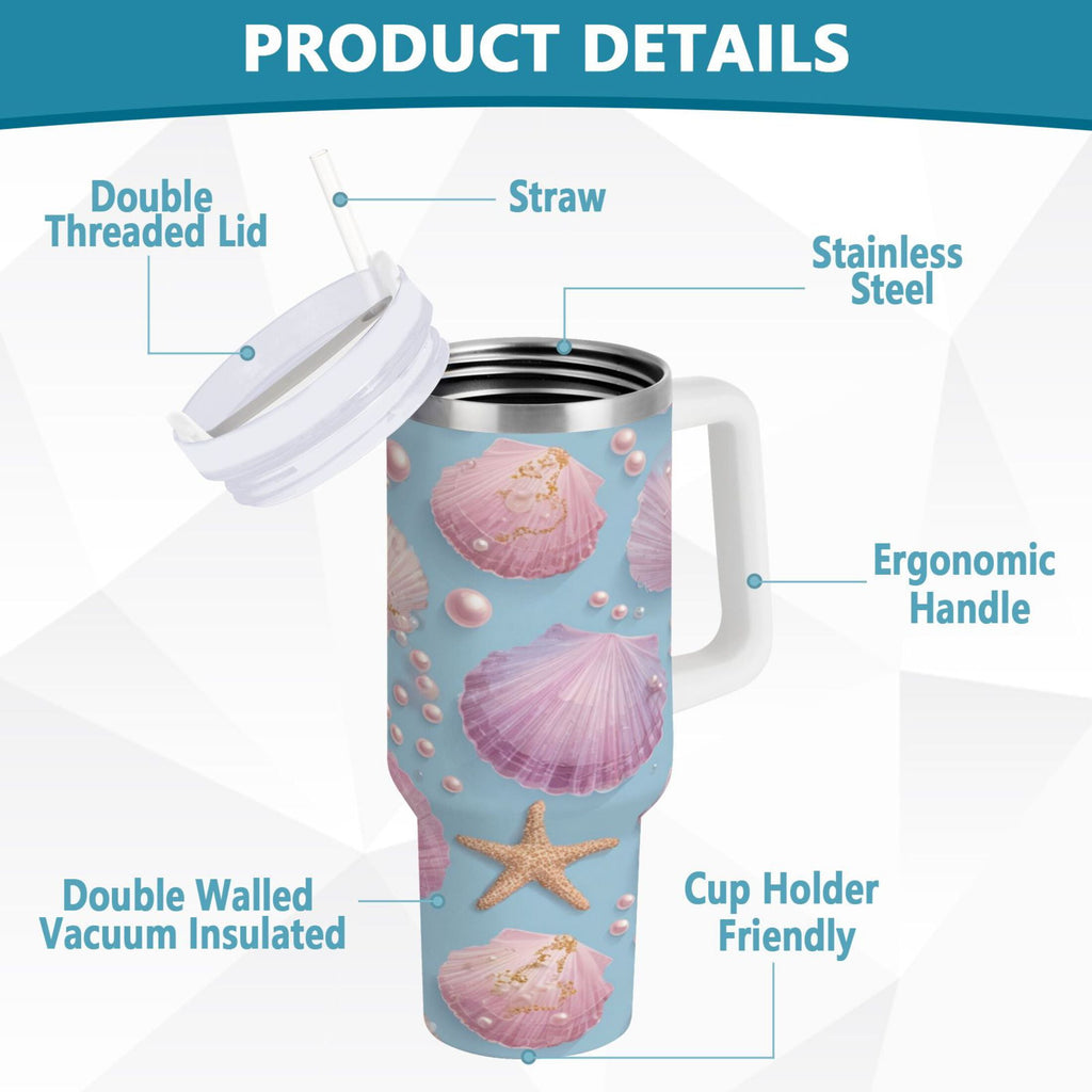 40 oz Insulated Stainless Steel Tumbler Double Wall Stainless Steel Tumbler with 2-Way Drinking Seashells and Pearls Pattern Edition-EKJY