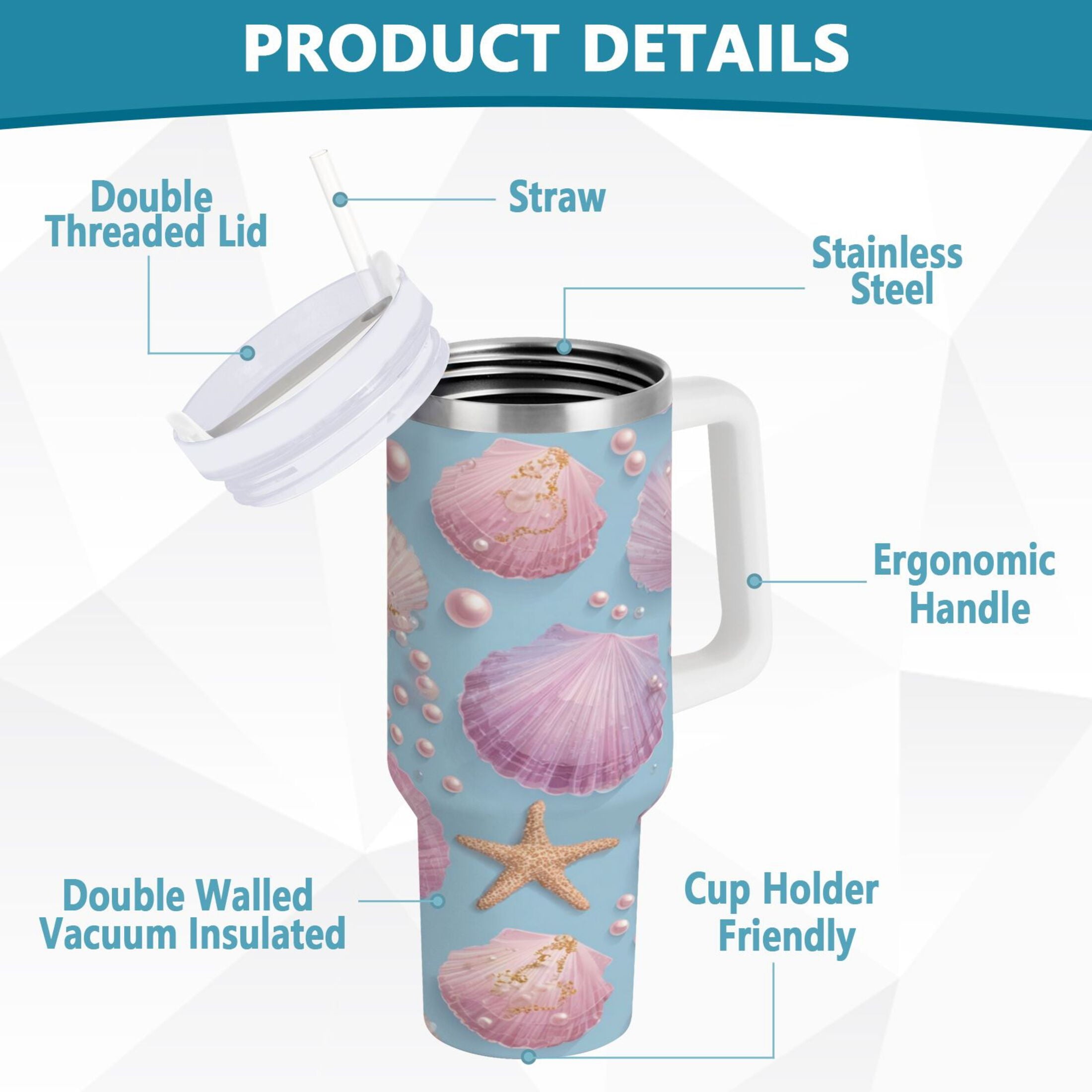 40 oz Insulated Stainless Steel Tumbler Double Wall Stainless Steel Tumbler with 2-Way Drinking Seashells and Pearls Pattern Edition-EKJY