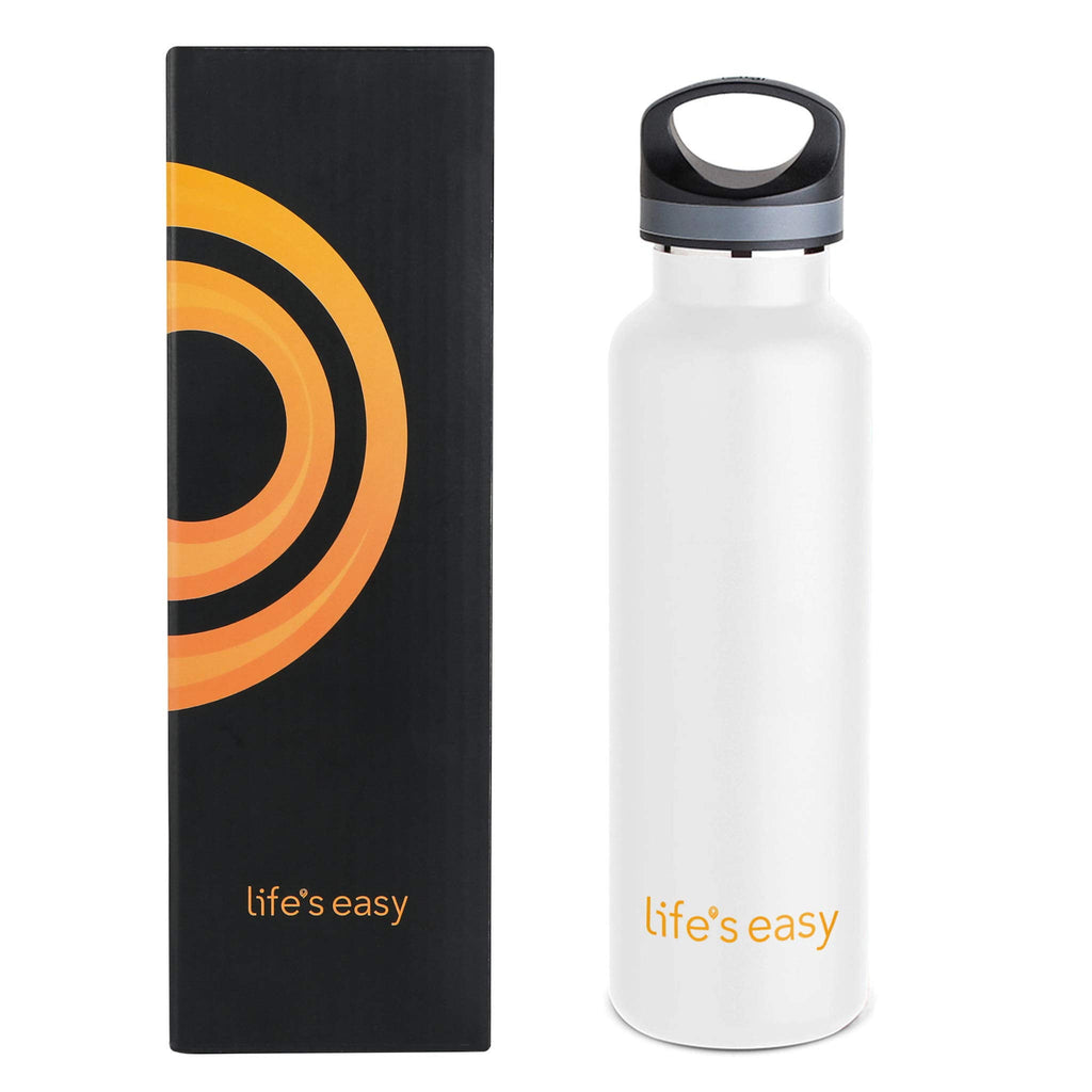 LIFE'S EASY 20 oz. Sports Insulated Water Bottle with Lid. Stainless Steel Vacuum Double Wall Thermo for Modern Hot and Cold Drinks, Simple Metal Hydro Canteen for Travel Men and Women (White) Edition-T4VT