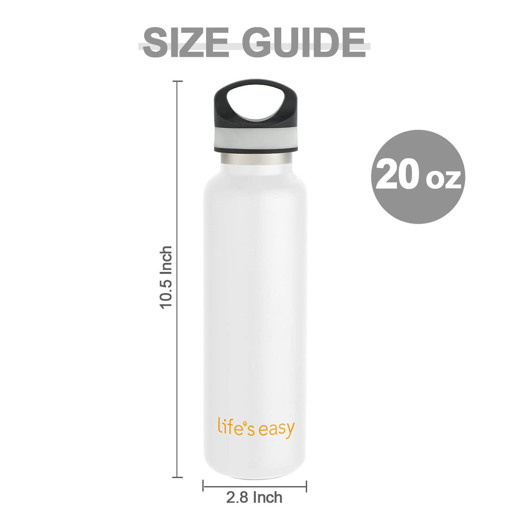 LIFE'S EASY 20 oz. Sports Insulated Water Bottle with Lid. Stainless Steel Vacuum Double Wall Thermo for Modern Hot and Cold Drinks, Simple Metal Hydro Canteen for Travel Men and Women (White) Edition-T4VT