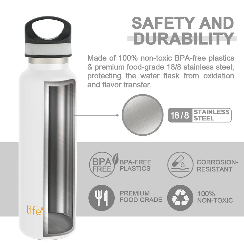 LIFE'S EASY 20 oz. Sports Insulated Water Bottle with Lid. Stainless Steel Vacuum Double Wall Thermo for Modern Hot and Cold Drinks, Simple Metal Hydro Canteen for Travel Men and Women (White) Edition-T4VT