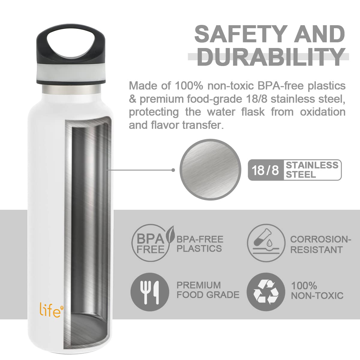 LIFE'S EASY 20 oz. Sports Insulated Water Bottle with Lid. Stainless Steel Vacuum Double Wall Thermo for Modern Hot and Cold Drinks, Simple Metal Hydro Canteen for Travel Men and Women (White) Edition-T4VT