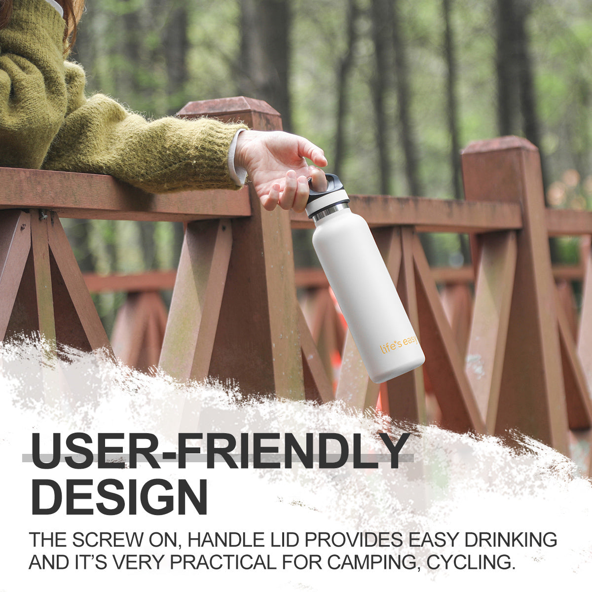 LIFE'S EASY 20 oz. Sports Insulated Water Bottle with Lid. Stainless Steel Vacuum Double Wall Thermo for Modern Hot and Cold Drinks, Simple Metal Hydro Canteen for Travel Men and Women (White) Edition-T4VT