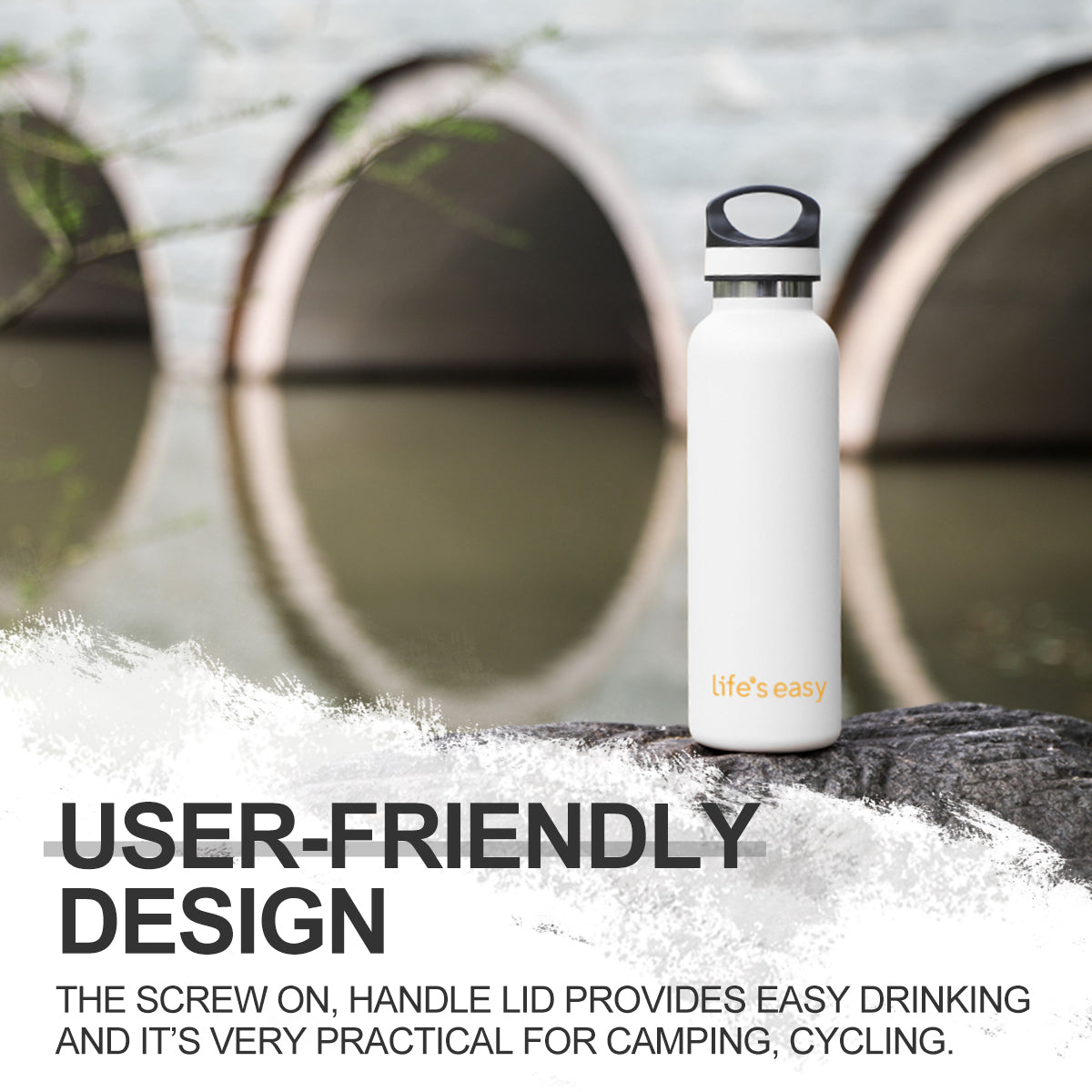 LIFE'S EASY 20 oz. Sports Insulated Water Bottle with Lid. Stainless Steel Vacuum Double Wall Thermo for Modern Hot and Cold Drinks, Simple Metal Hydro Canteen for Travel Men and Women (White) Edition-T4VT