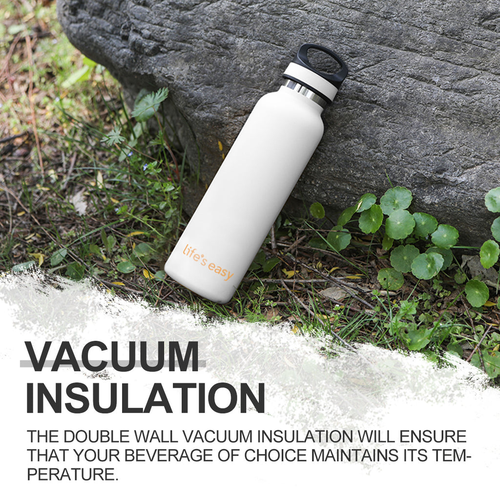 LIFE'S EASY 20 oz. Sports Insulated Water Bottle with Lid. Stainless Steel Vacuum Double Wall Thermo for Modern Hot and Cold Drinks, Simple Metal Hydro Canteen for Travel Men and Women (White) Edition-T4VT