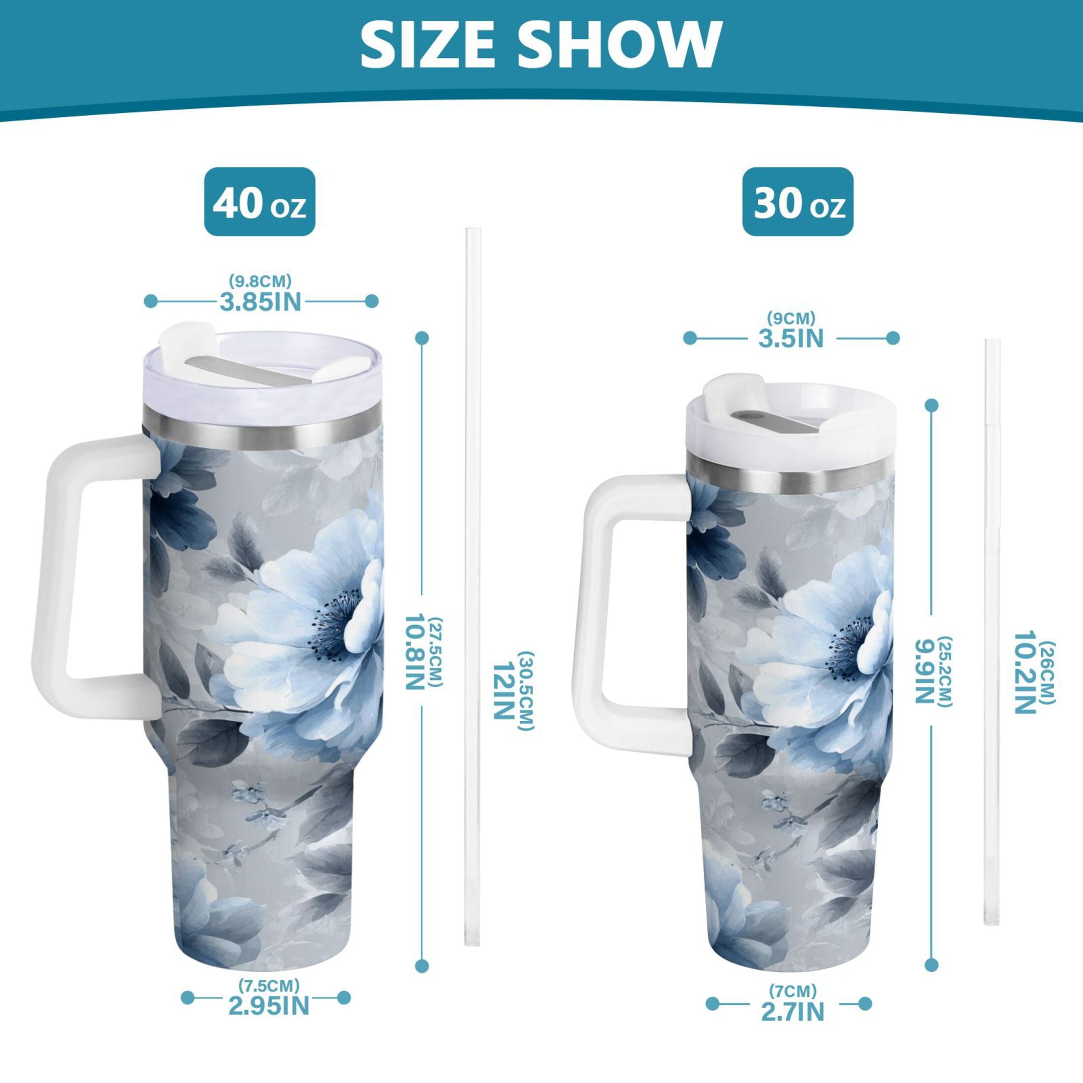 40 oz Insulated Stainless Steel Tumbler Double Wall Stainless Steel Tumbler with 2-Way Drinking White Floral Pattern Edition-V2DM