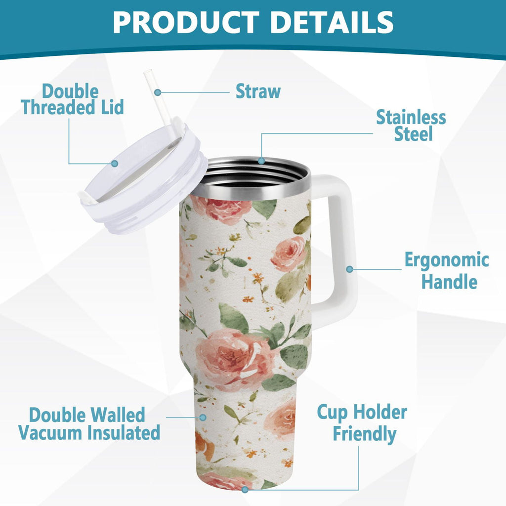40 oz Insulated Stainless Steel Tumbler Double Wall Stainless Steel Tumbler with 2-Way Drinking Watercolor Rose Floral Pattern Edition-9A68