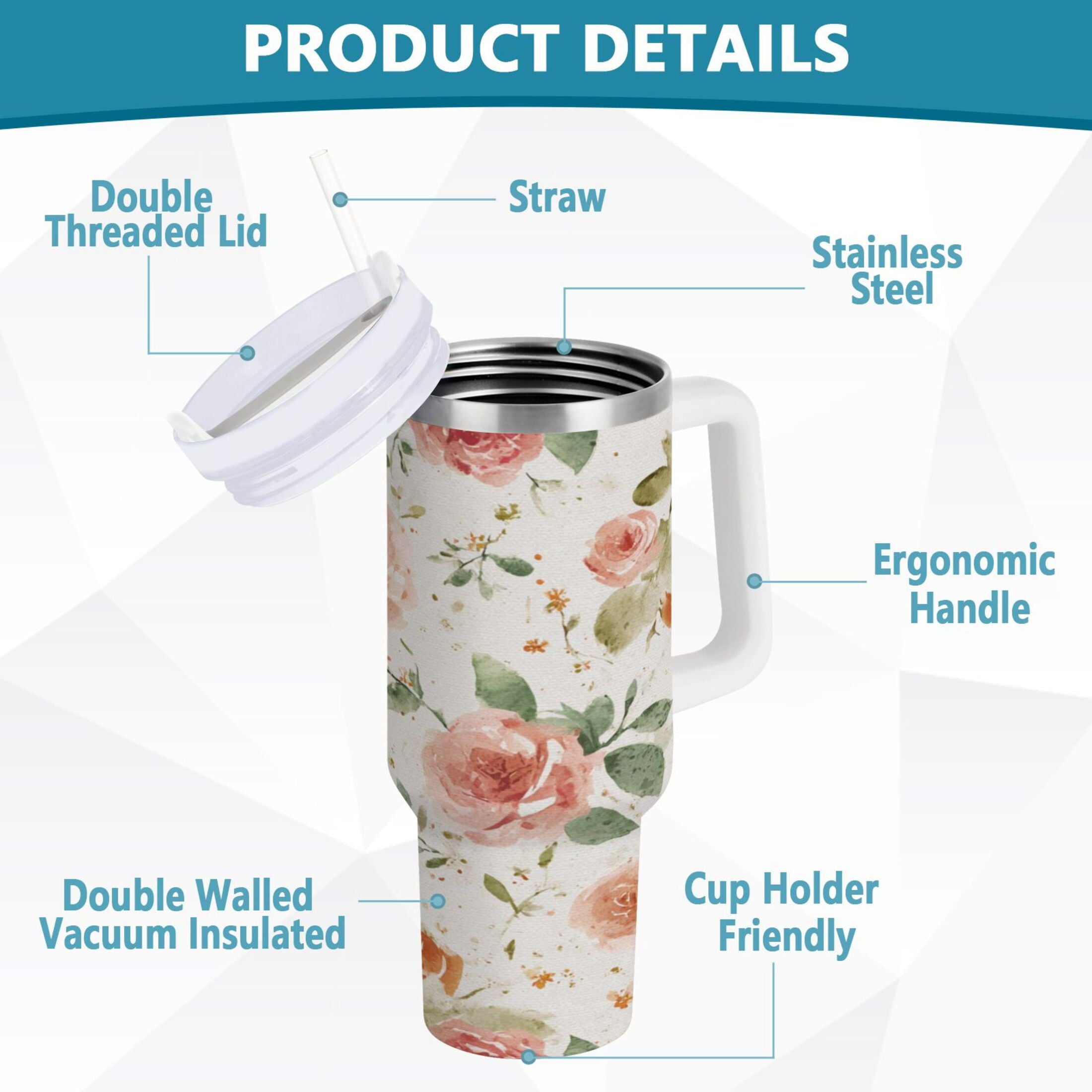 40 oz Insulated Stainless Steel Tumbler Double Wall Stainless Steel Tumbler with 2-Way Drinking Watercolor Rose Floral Pattern Edition-9A68