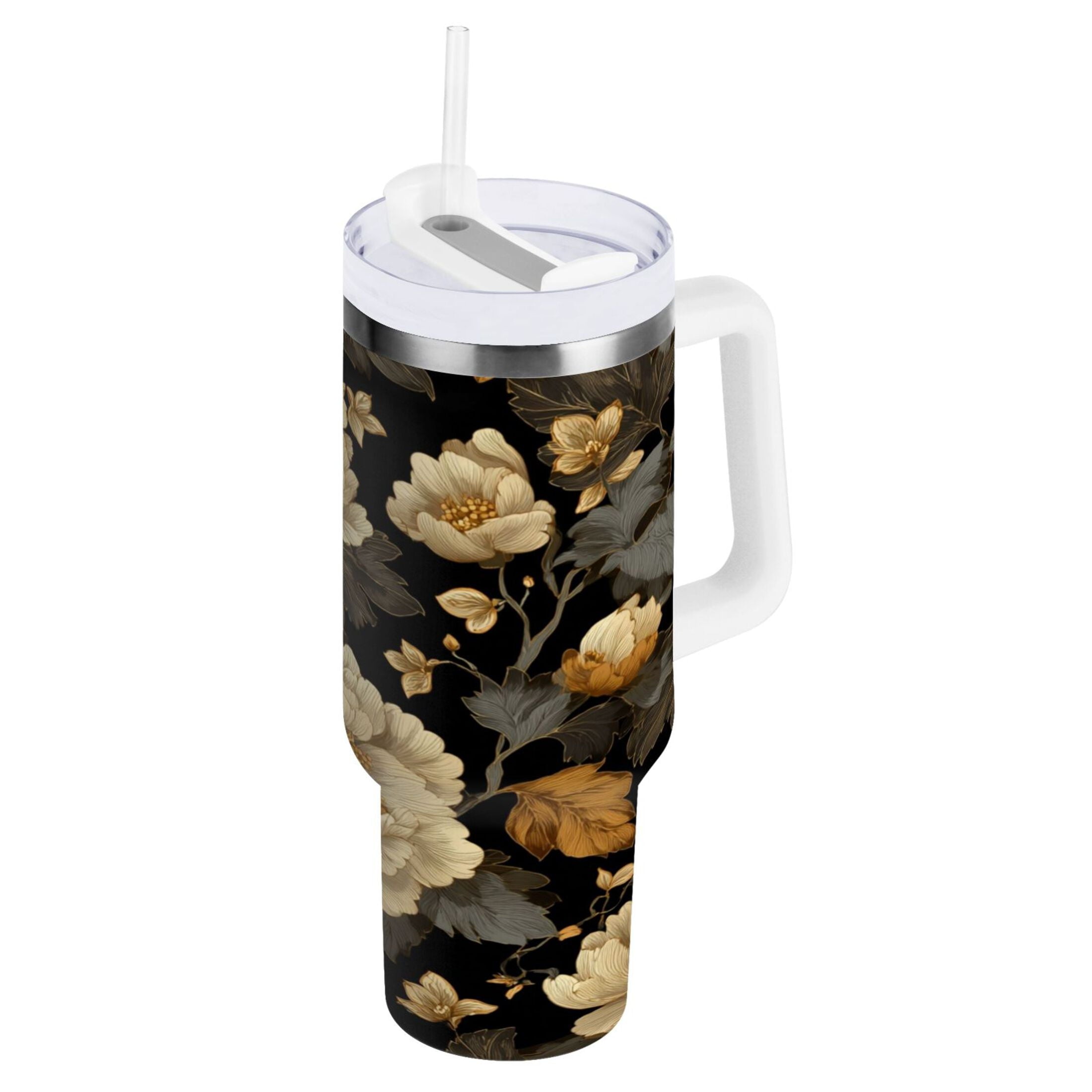 30 oz Insulated Stainless Steel Tumbler Double Wall Stainless Steel Tumbler with 2-Way Drinking Elegant Beige Floral Edition-OK4C