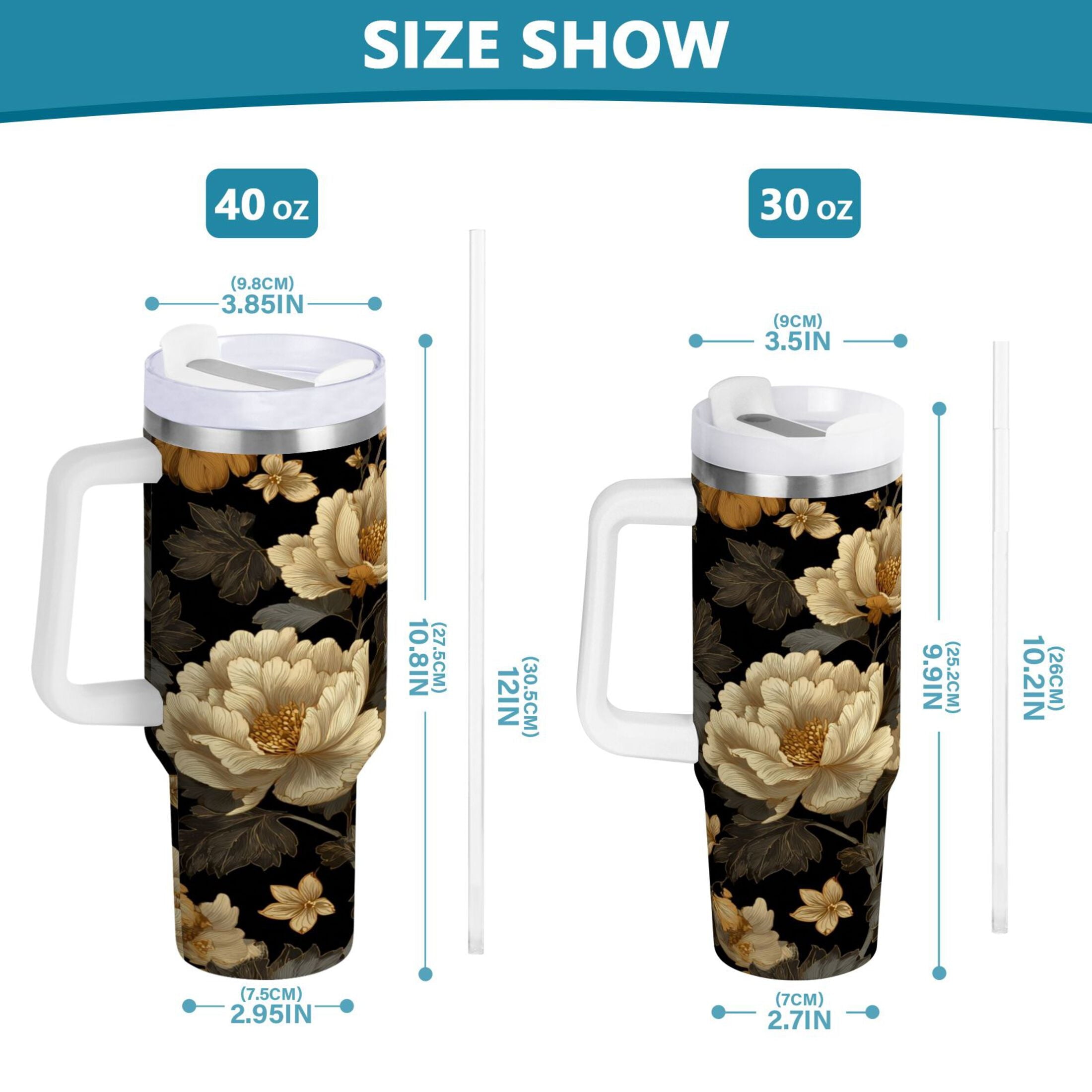 30 oz Insulated Stainless Steel Tumbler Double Wall Stainless Steel Tumbler with 2-Way Drinking Elegant Beige Floral Edition-OK4C