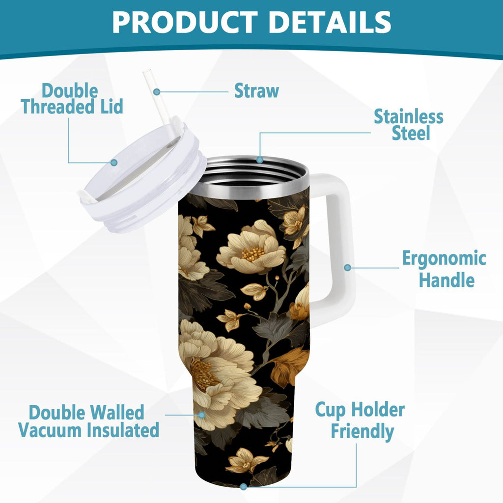 30 oz Insulated Stainless Steel Tumbler Double Wall Stainless Steel Tumbler with 2-Way Drinking Elegant Beige Floral Edition-OK4C