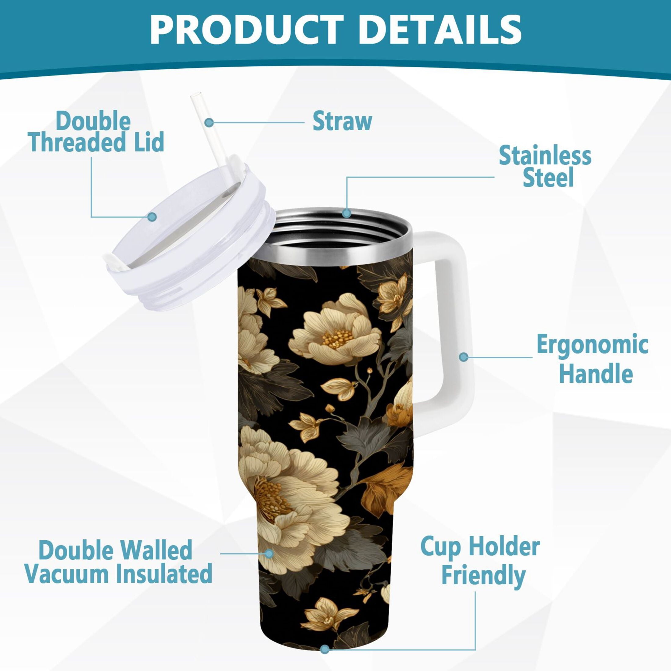 30 oz Insulated Stainless Steel Tumbler Double Wall Stainless Steel Tumbler with 2-Way Drinking Elegant Beige Floral Edition-OK4C