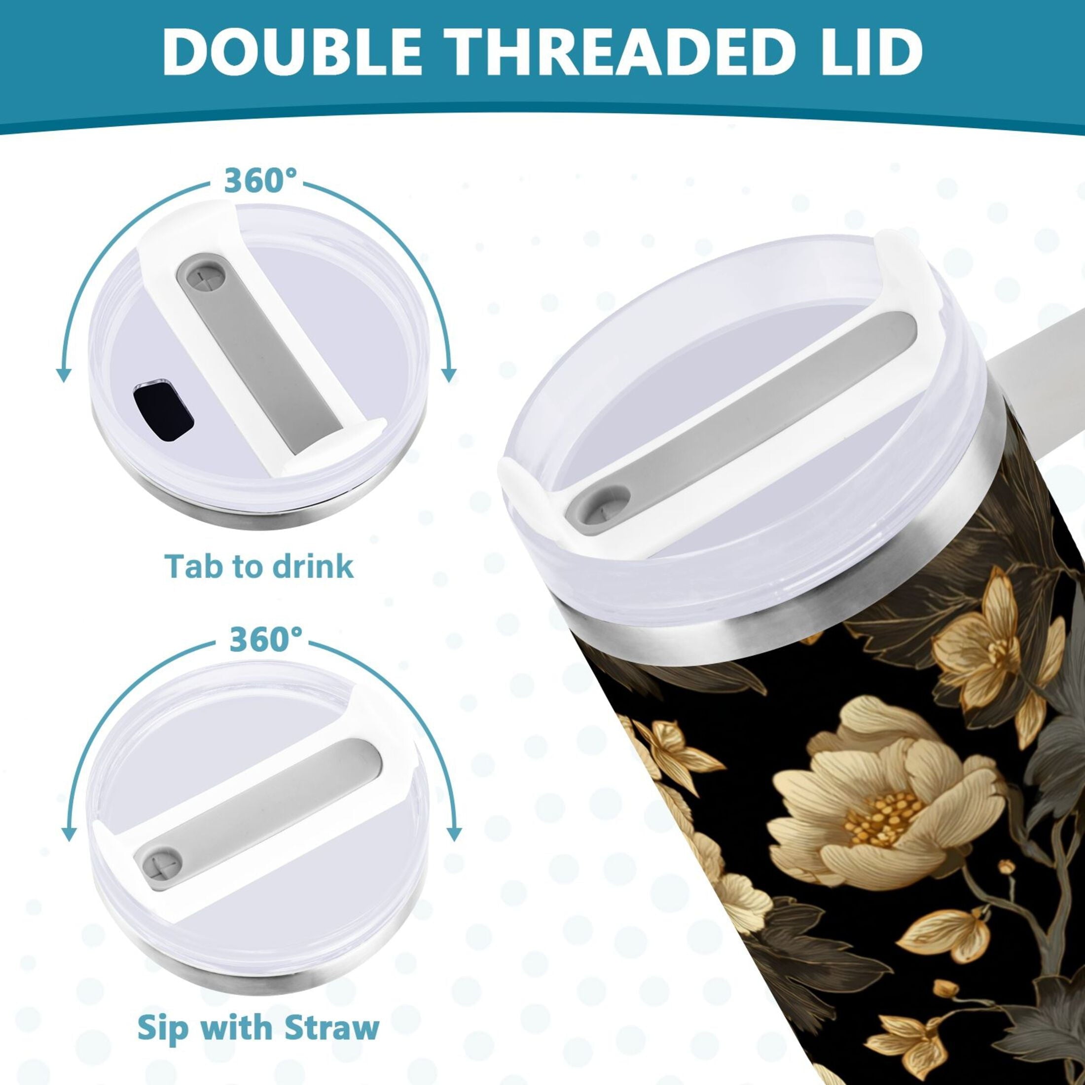 30 oz Insulated Stainless Steel Tumbler Double Wall Stainless Steel Tumbler with 2-Way Drinking Elegant Beige Floral Edition-OK4C
