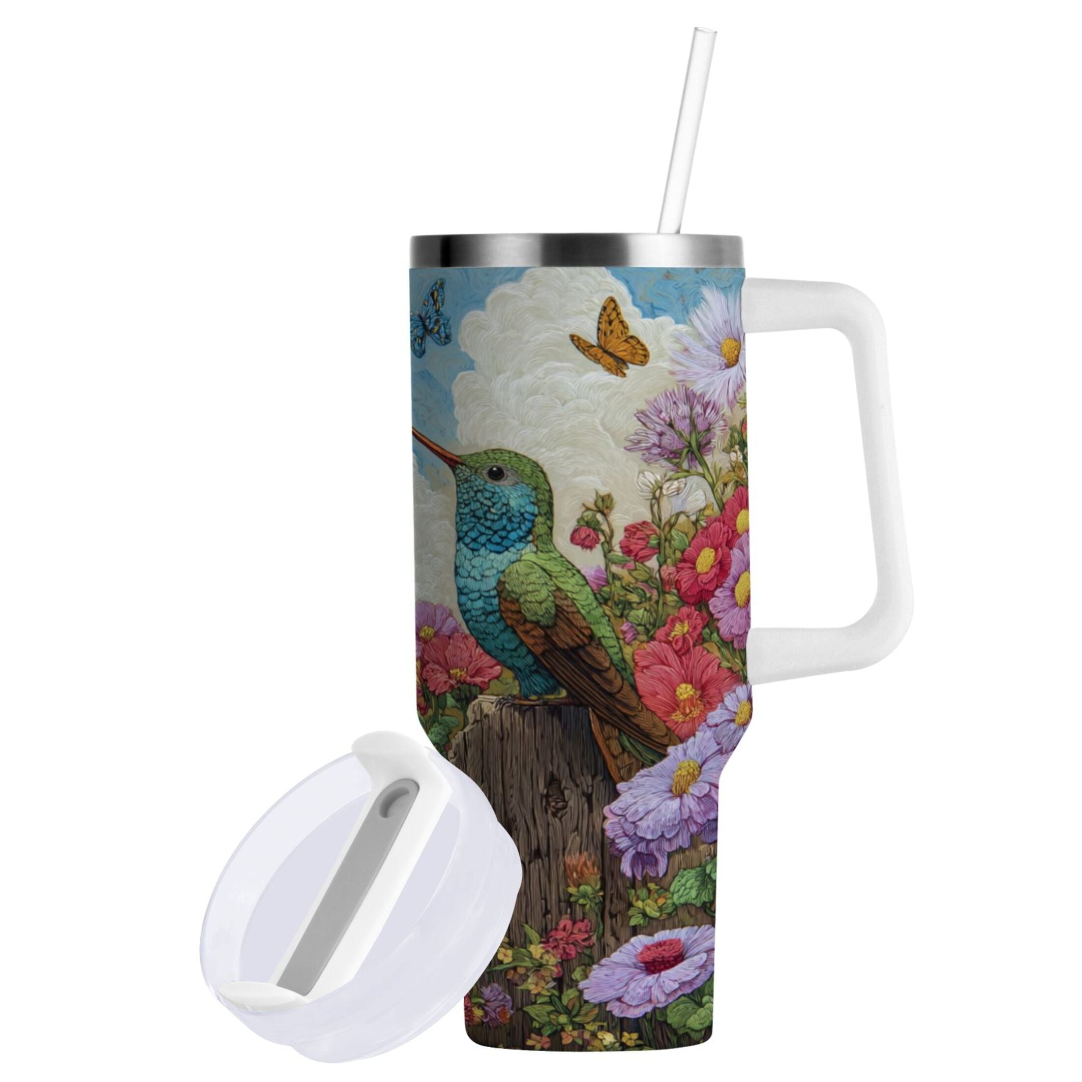 30 oz Insulated Stainless Steel Tumbler Double Wall Stainless Steel Tumbler with 2-Way Drinking Hummingbirds and Flowers Edition-4ZL0