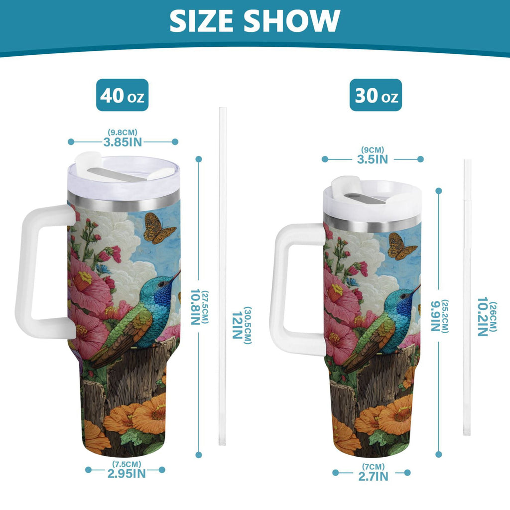 30 oz Insulated Stainless Steel Tumbler Double Wall Stainless Steel Tumbler with 2-Way Drinking Hummingbirds and Flowers Edition-4ZL0