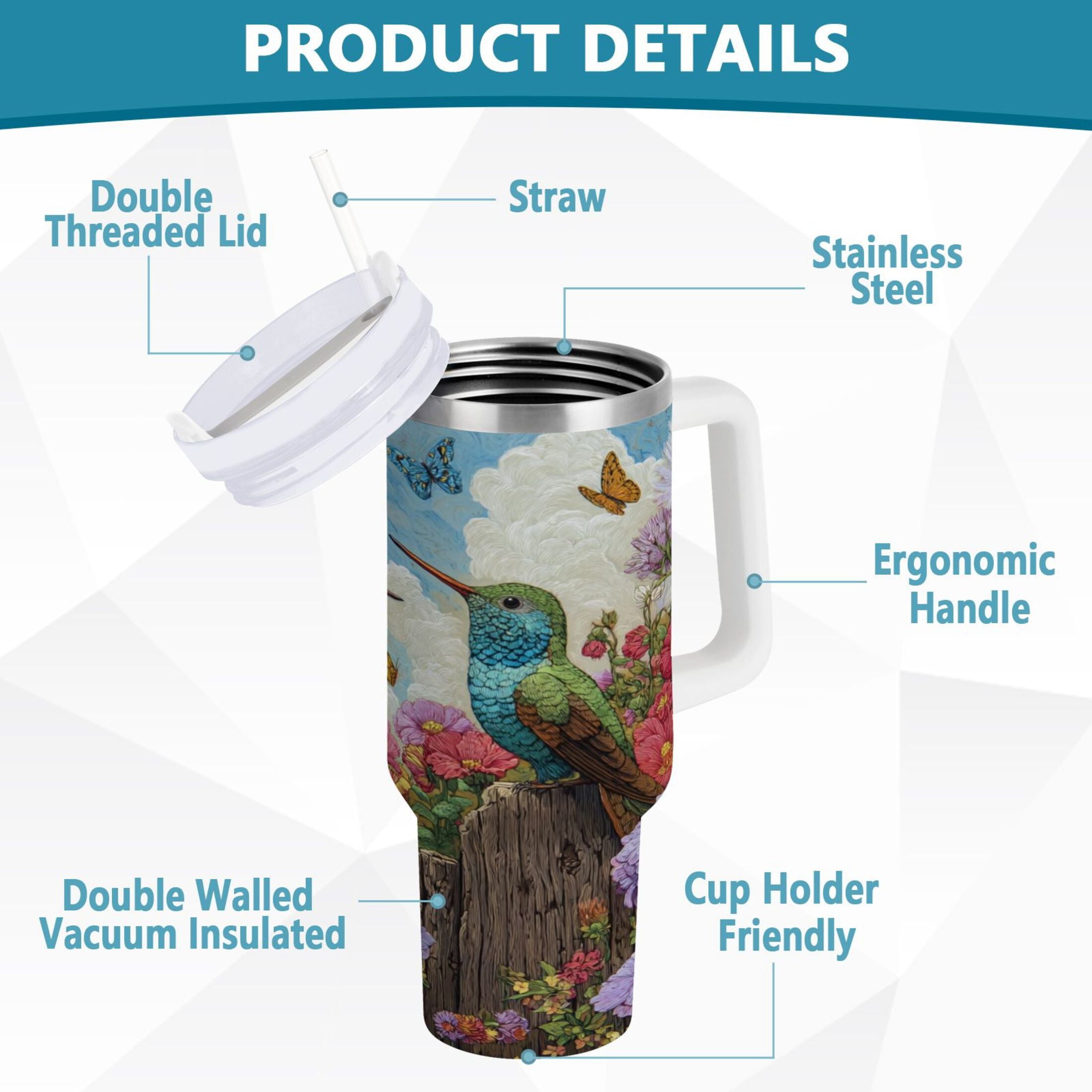 30 oz Insulated Stainless Steel Tumbler Double Wall Stainless Steel Tumbler with 2-Way Drinking Hummingbirds and Flowers Edition-4ZL0
