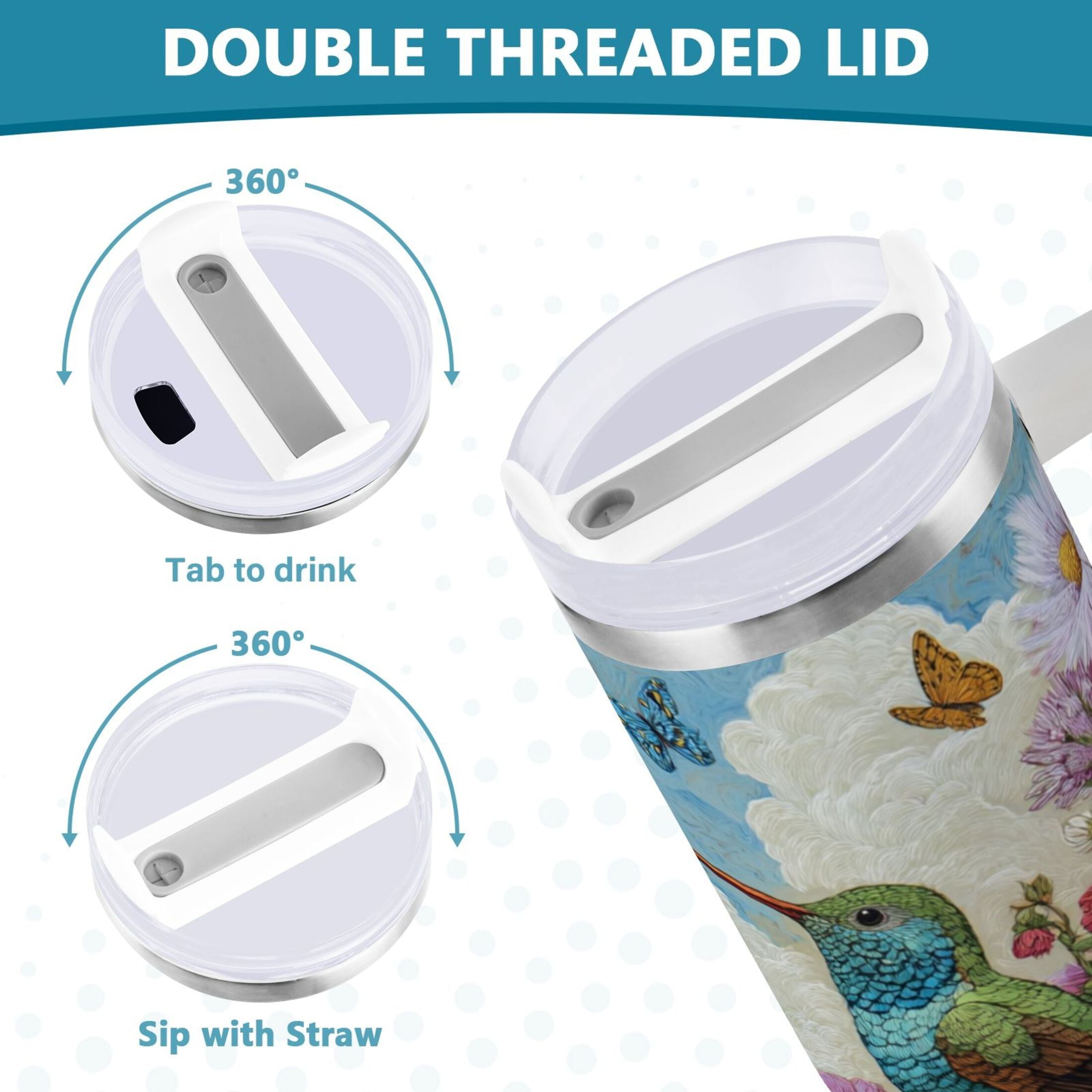 30 oz Insulated Stainless Steel Tumbler Double Wall Stainless Steel Tumbler with 2-Way Drinking Hummingbirds and Flowers Edition-4ZL0