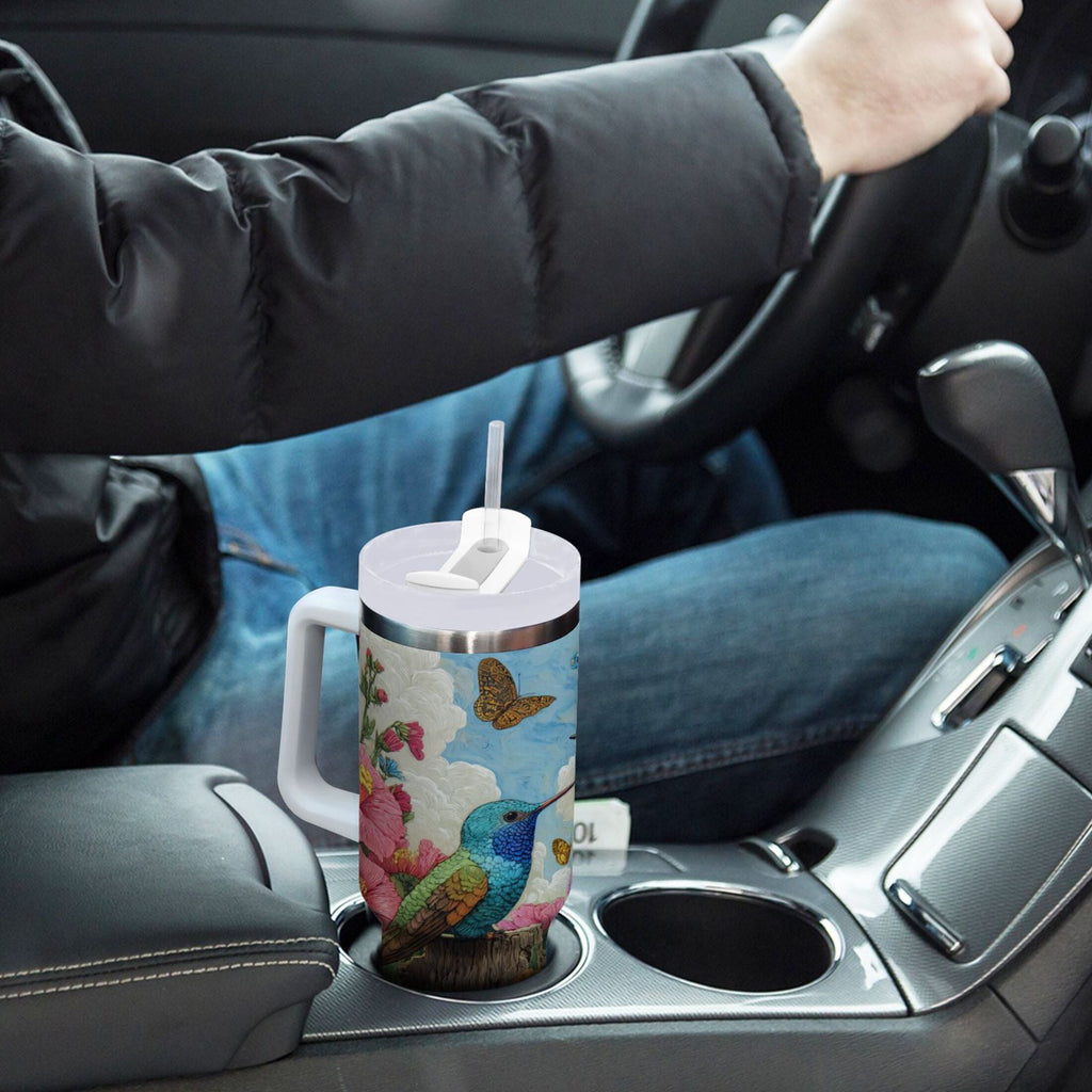 30 oz Insulated Stainless Steel Tumbler Double Wall Stainless Steel Tumbler with 2-Way Drinking Hummingbirds and Flowers Edition-4ZL0