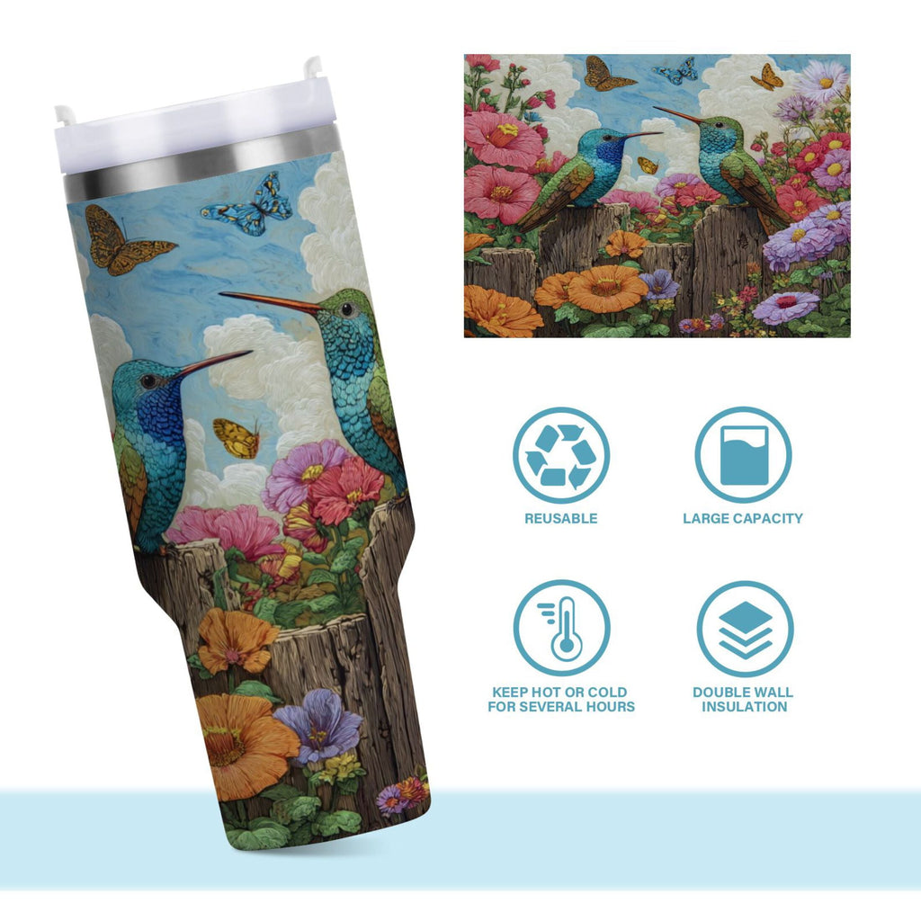 30 oz Insulated Stainless Steel Tumbler Double Wall Stainless Steel Tumbler with 2-Way Drinking Hummingbirds and Flowers Edition-4ZL0