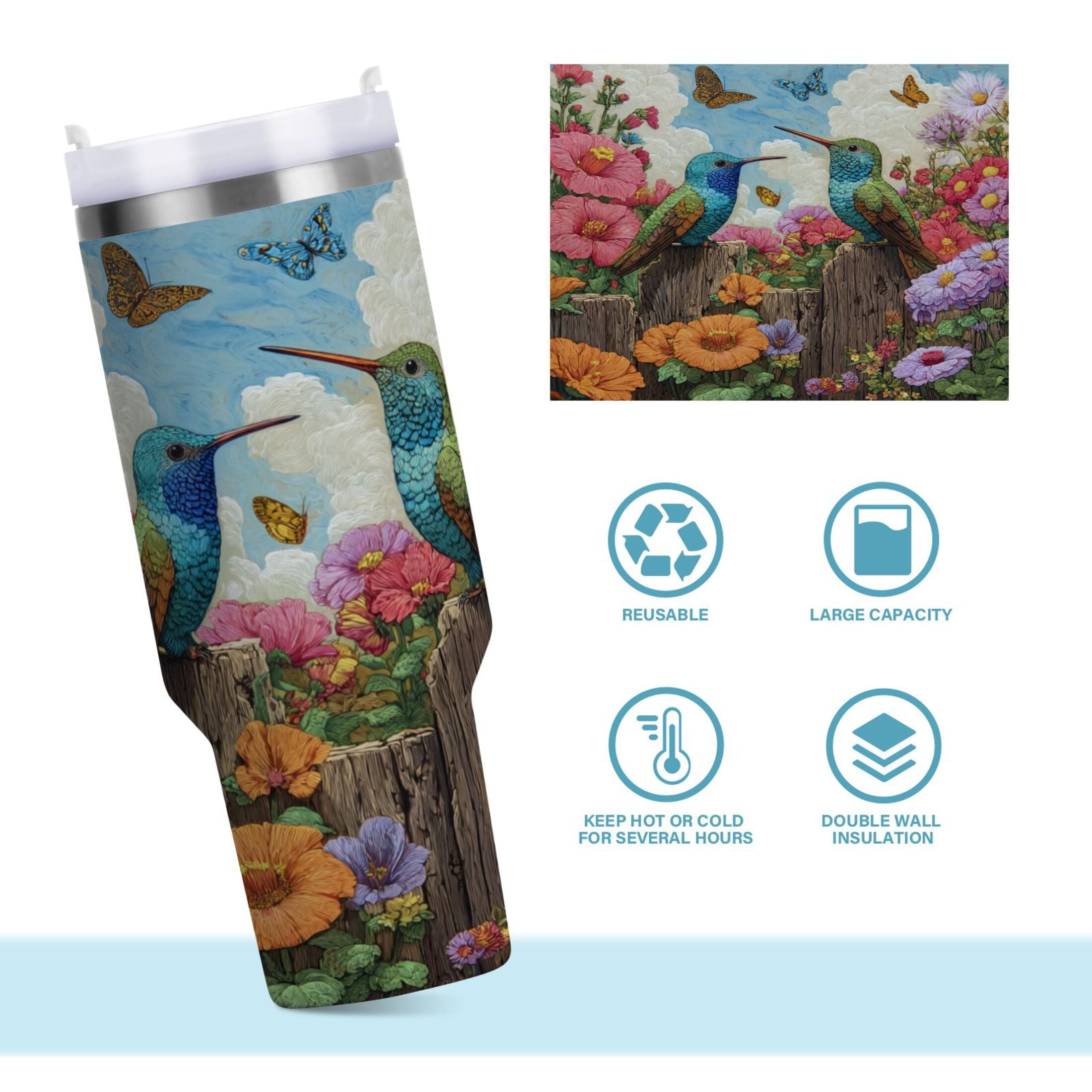 30 oz Insulated Stainless Steel Tumbler Double Wall Stainless Steel Tumbler with 2-Way Drinking Hummingbirds and Flowers Edition-4ZL0
