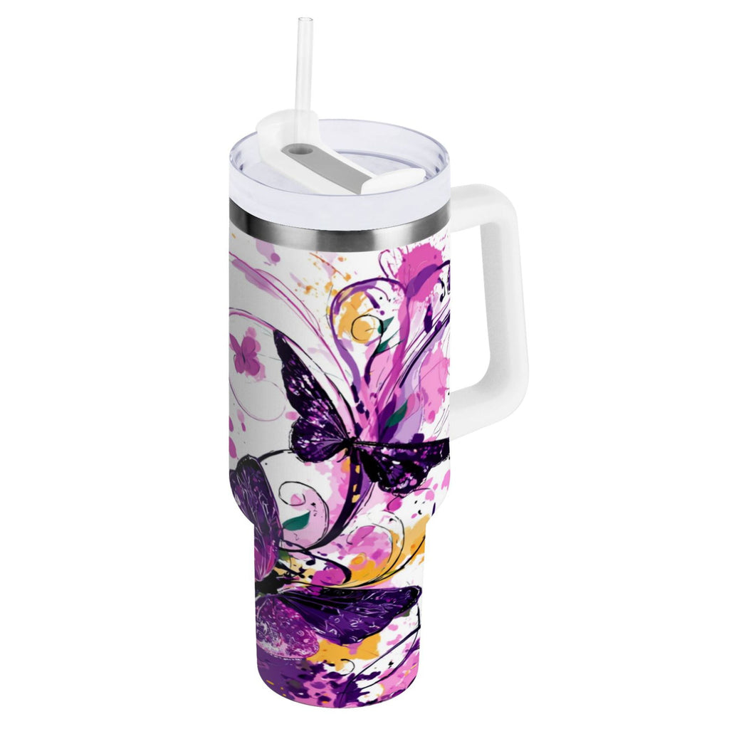 40 oz Insulated Stainless Steel Tumbler Double Wall Stainless Steel Tumbler with 2-Way Drinking Purple Butterfly Edition-VGM8