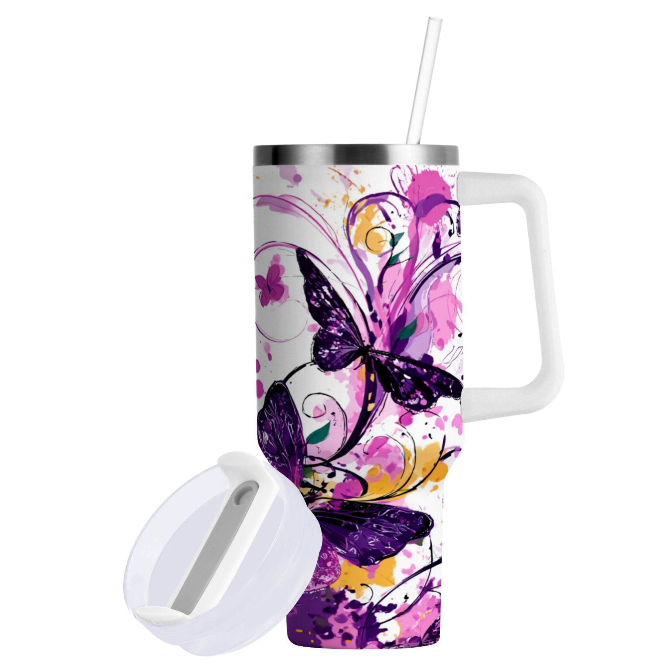 40 oz Insulated Stainless Steel Tumbler Double Wall Stainless Steel Tumbler with 2-Way Drinking Purple Butterfly Edition-VGM8
