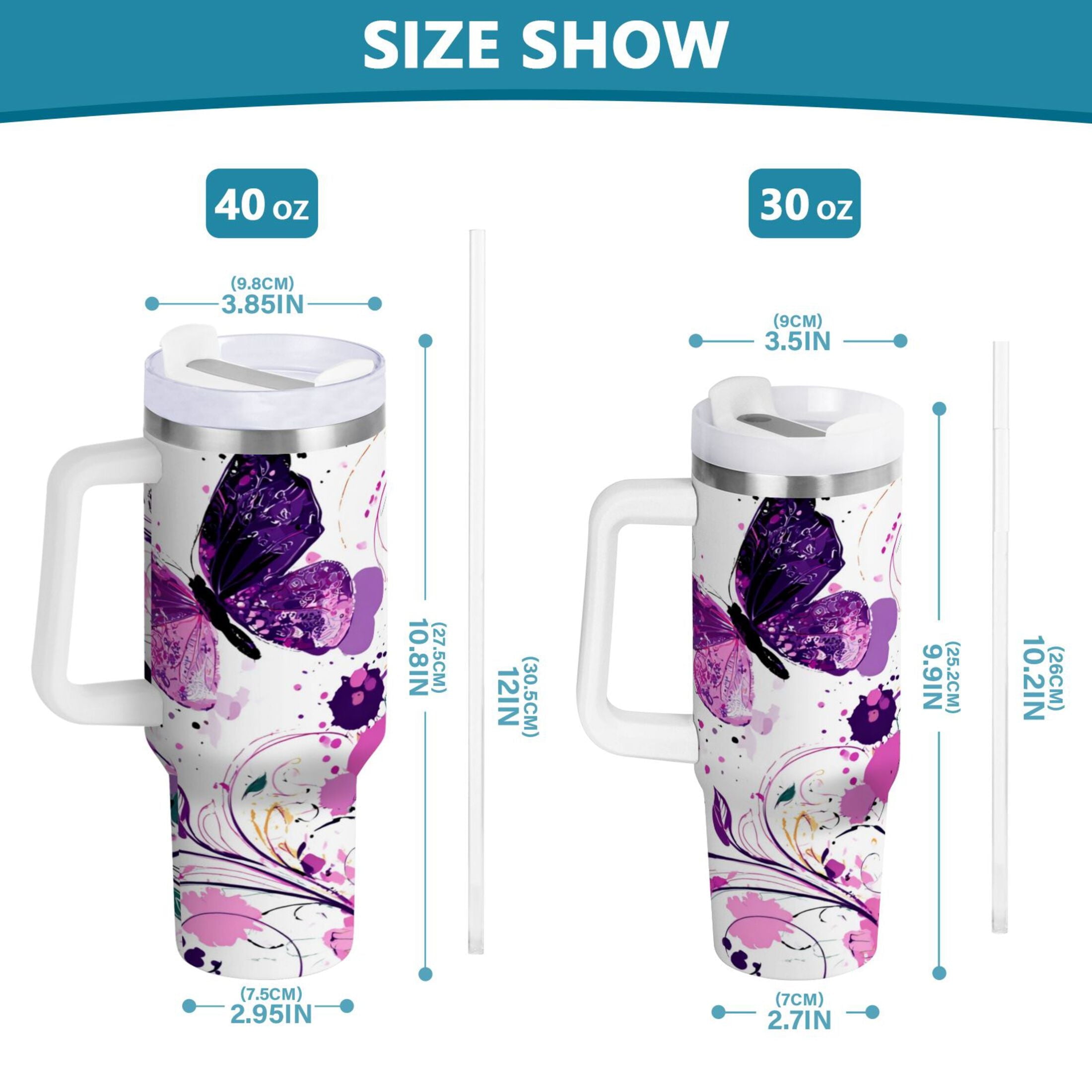 40 oz Insulated Stainless Steel Tumbler Double Wall Stainless Steel Tumbler with 2-Way Drinking Purple Butterfly Edition-VGM8