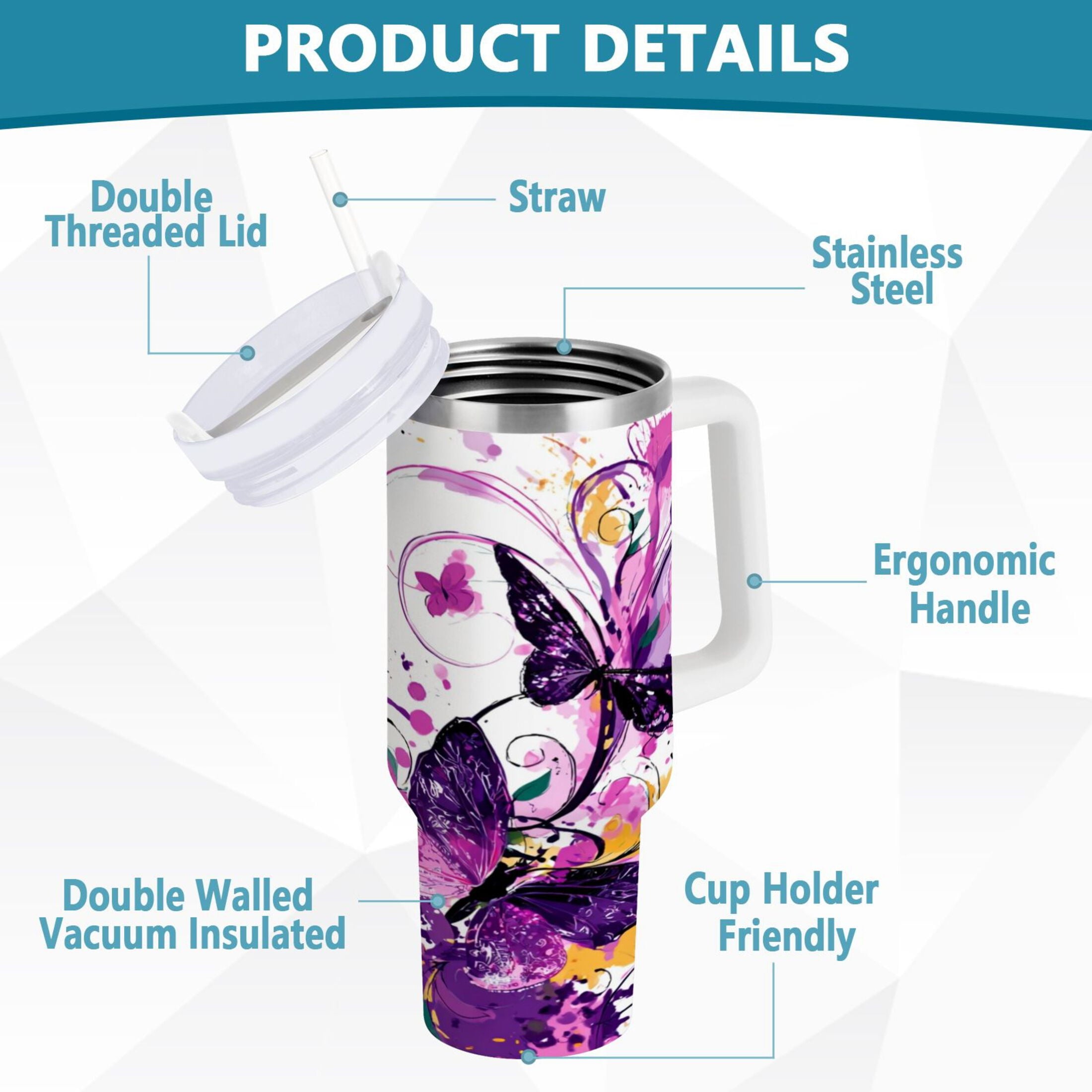 40 oz Insulated Stainless Steel Tumbler Double Wall Stainless Steel Tumbler with 2-Way Drinking Purple Butterfly Edition-VGM8
