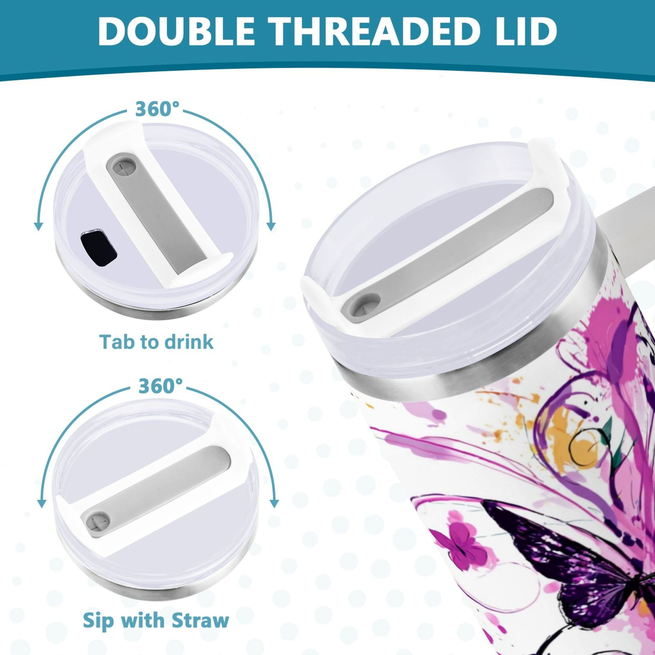 40 oz Insulated Stainless Steel Tumbler Double Wall Stainless Steel Tumbler with 2-Way Drinking Purple Butterfly Edition-VGM8