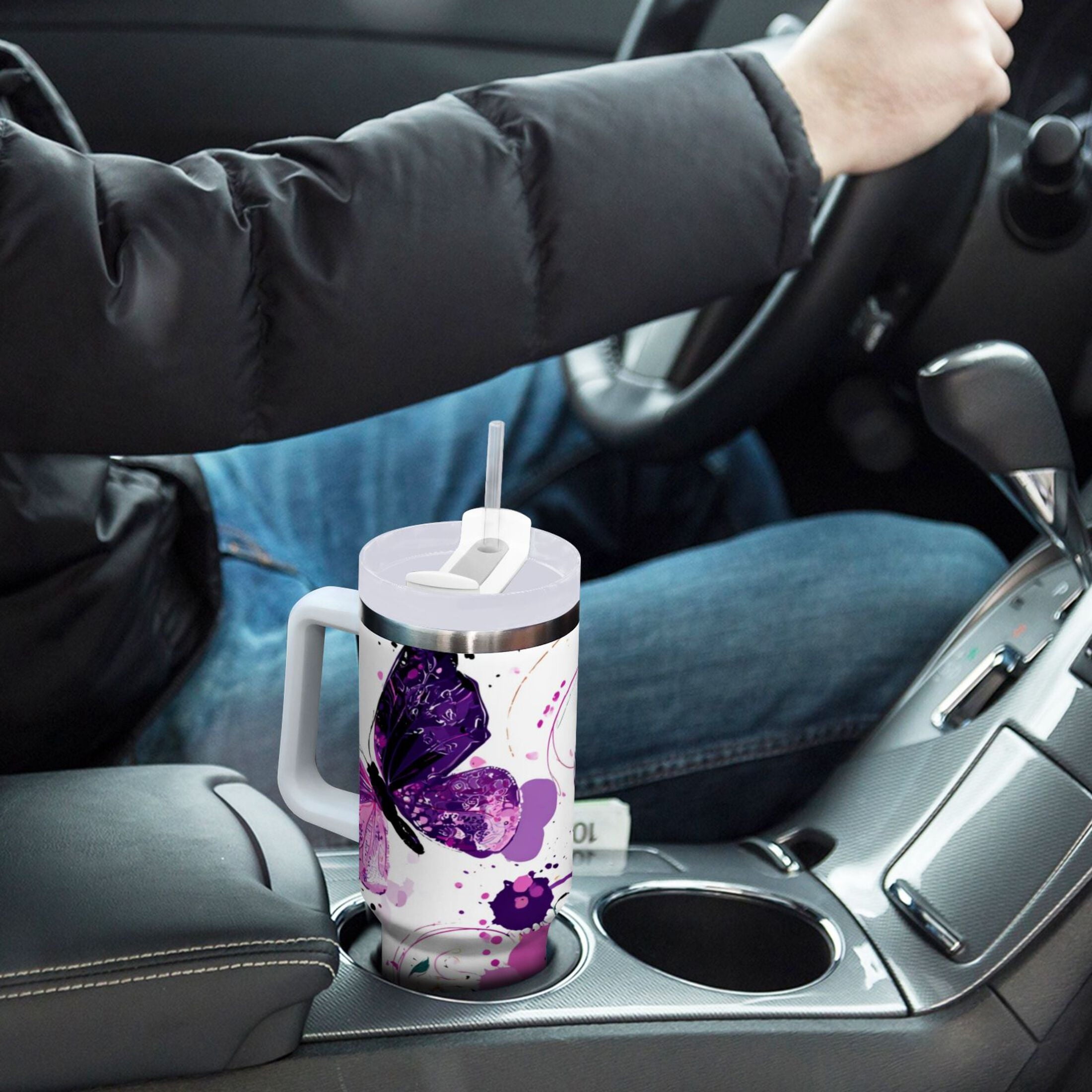 40 oz Insulated Stainless Steel Tumbler Double Wall Stainless Steel Tumbler with 2-Way Drinking Purple Butterfly Edition-VGM8