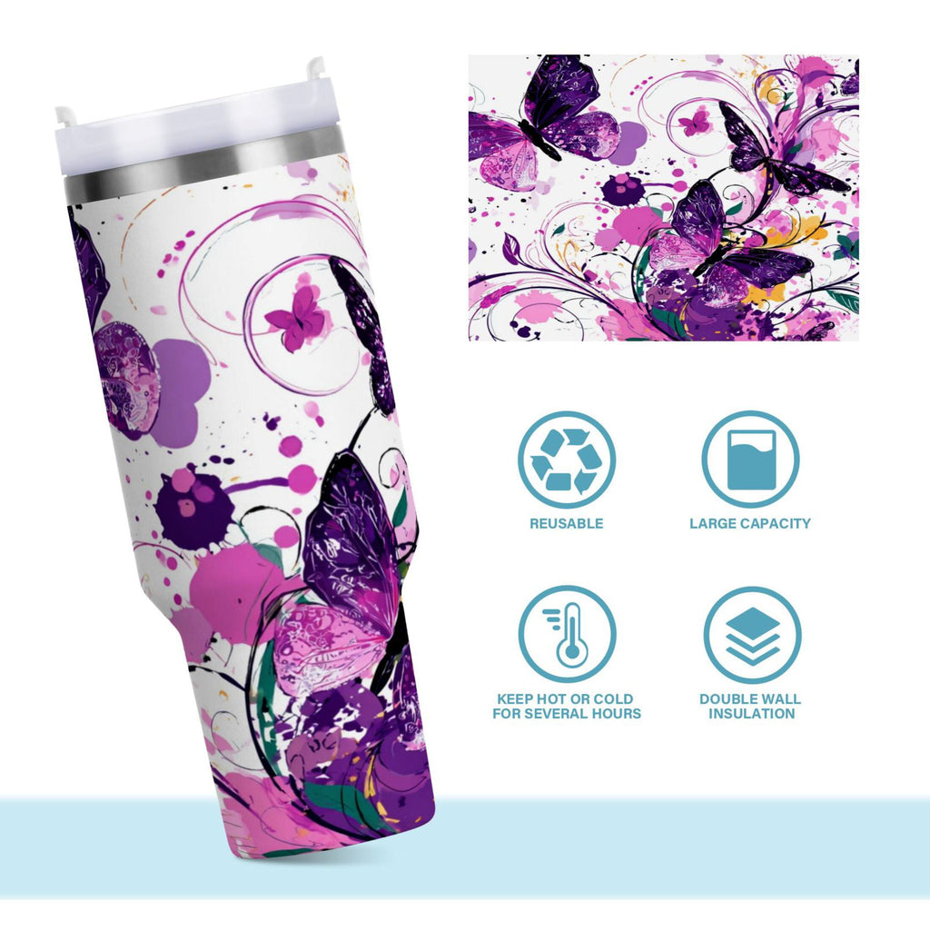 40 oz Insulated Stainless Steel Tumbler Double Wall Stainless Steel Tumbler with 2-Way Drinking Purple Butterfly Edition-VGM8