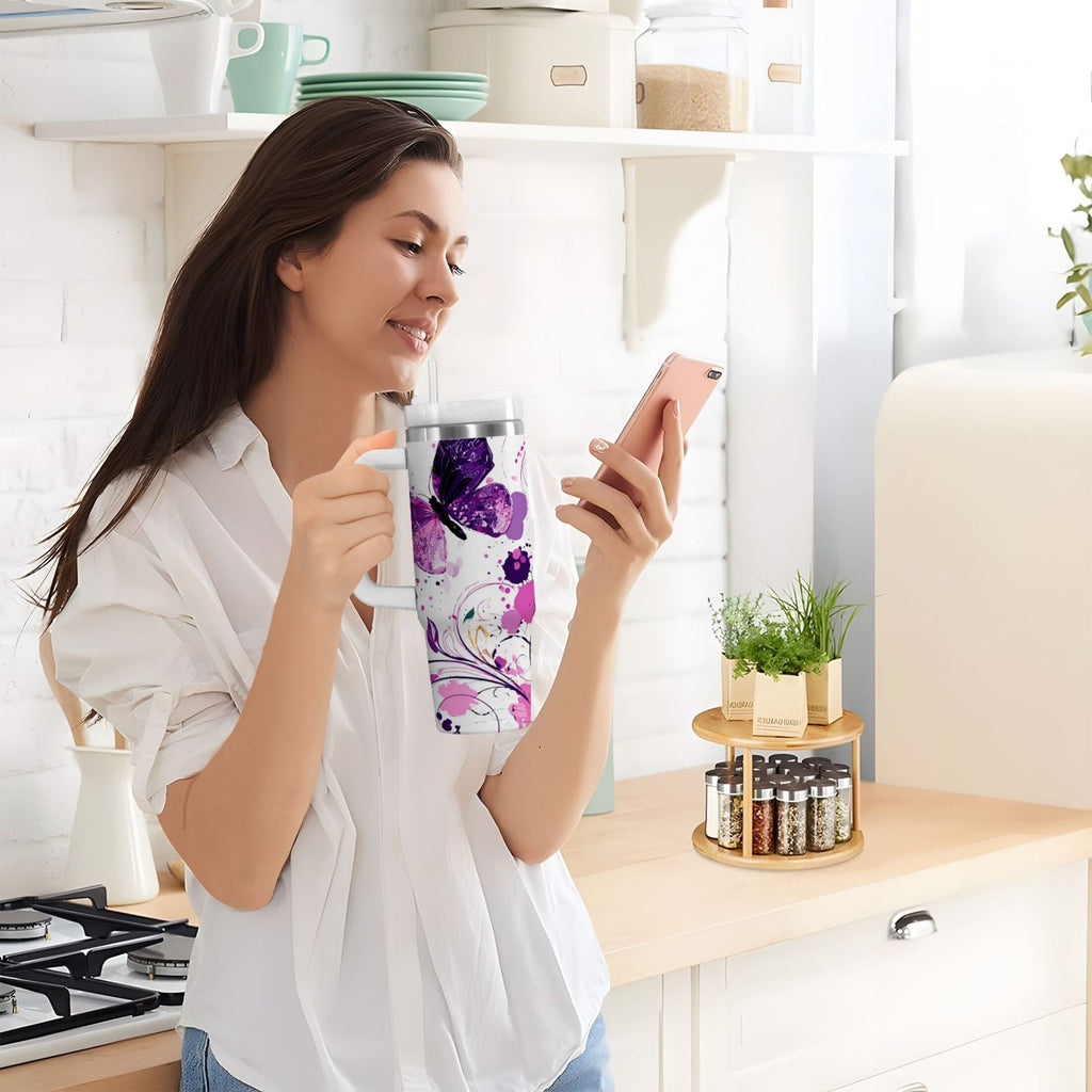 40 oz Insulated Stainless Steel Tumbler Double Wall Stainless Steel Tumbler with 2-Way Drinking Purple Butterfly Edition-VGM8