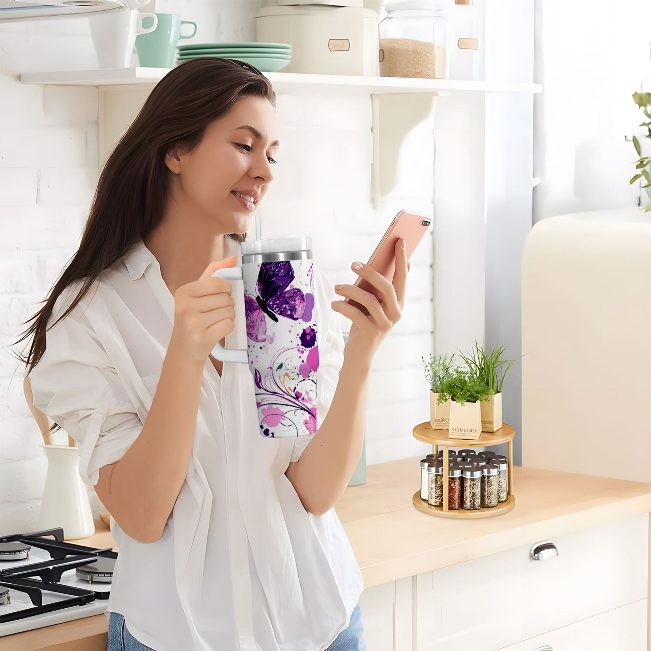 40 oz Insulated Stainless Steel Tumbler Double Wall Stainless Steel Tumbler with 2-Way Drinking Purple Butterfly Edition-VGM8