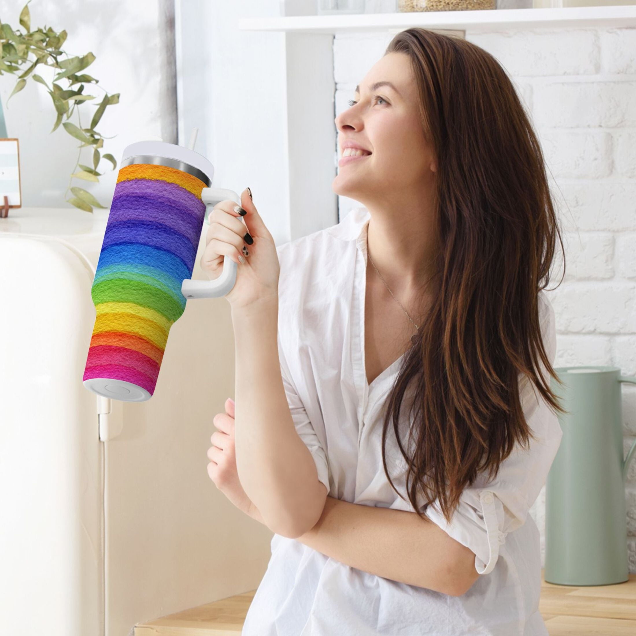 30 oz Insulated Stainless Steel Tumbler Double Wall Stainless Steel Tumbler with 2-Way Drinking Watercolor Rainbow Colors Edition-IXOE