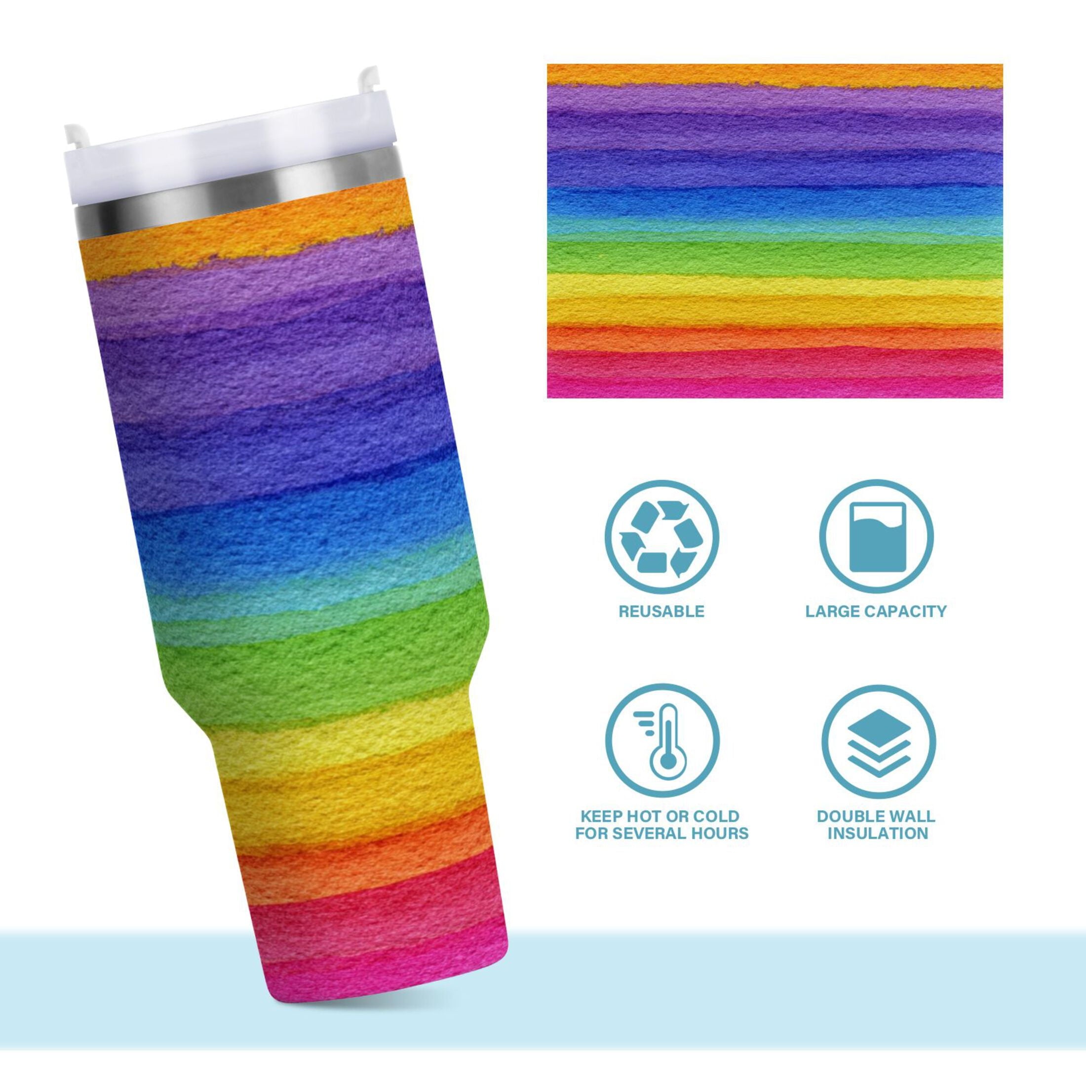 30 oz Insulated Stainless Steel Tumbler Double Wall Stainless Steel Tumbler with 2-Way Drinking Watercolor Rainbow Colors Edition-IXOE