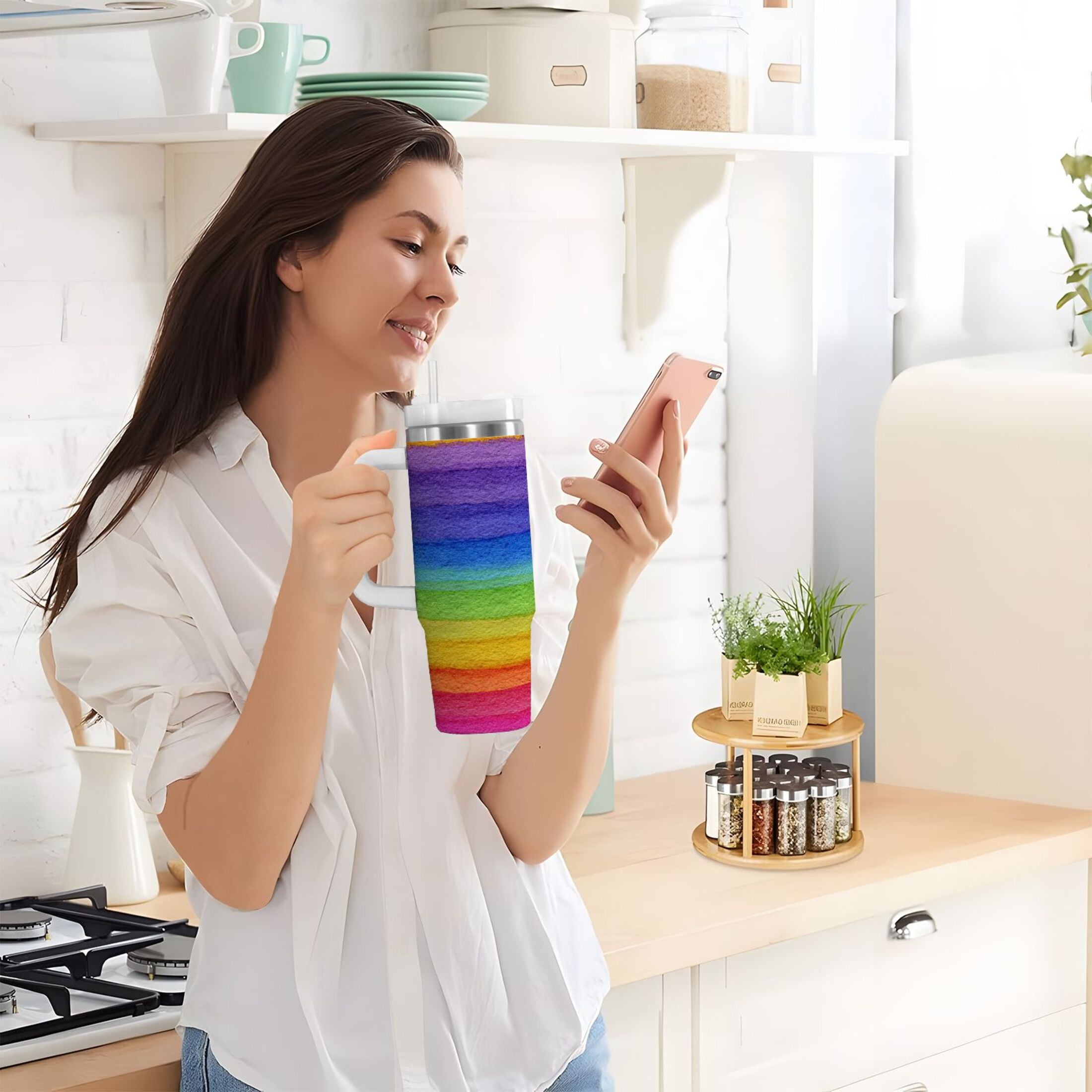 30 oz Insulated Stainless Steel Tumbler Double Wall Stainless Steel Tumbler with 2-Way Drinking Watercolor Rainbow Colors Edition-IXOE