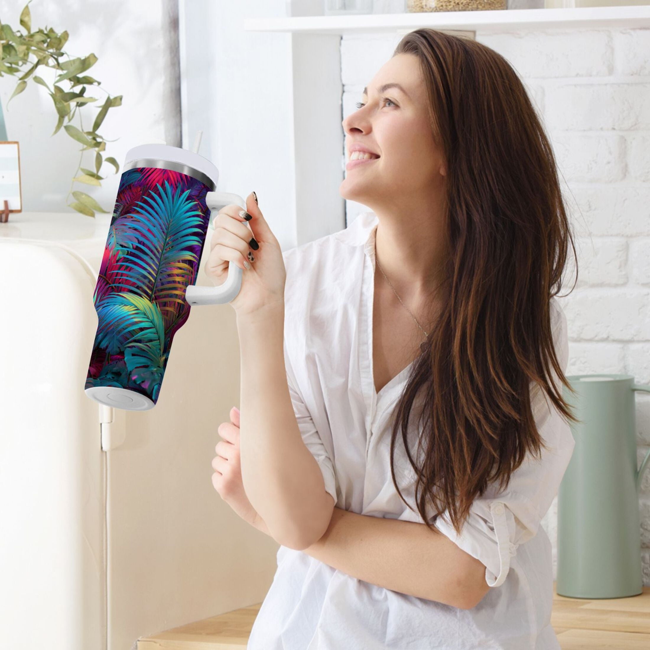 30 oz Insulated Stainless Steel Tumbler Double Wall Stainless Steel Tumbler with 2-Way Drinking Vibrant and Shimmering Jungle Edition-9154
