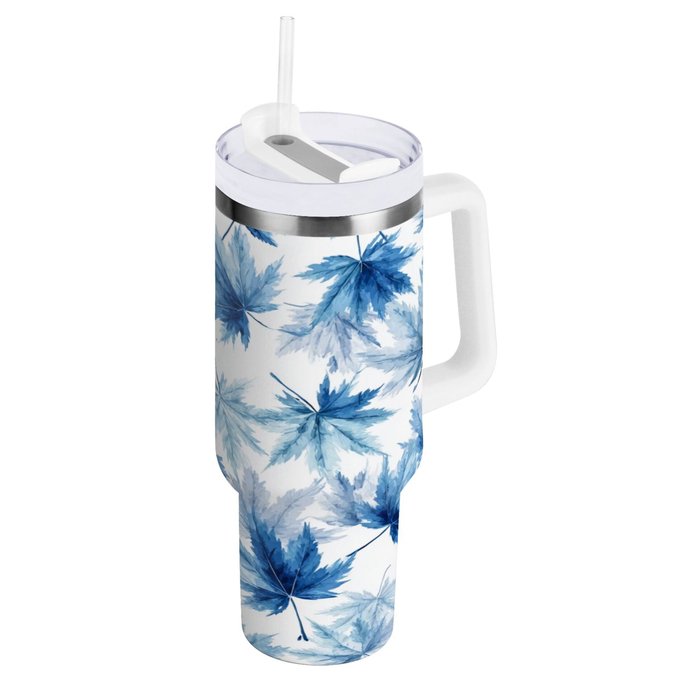 30 oz Insulated Stainless Steel Tumbler Double Wall Stainless Steel Tumbler with 2-Way Drinking Abstract Blue Maple Leaves Edition-19WP