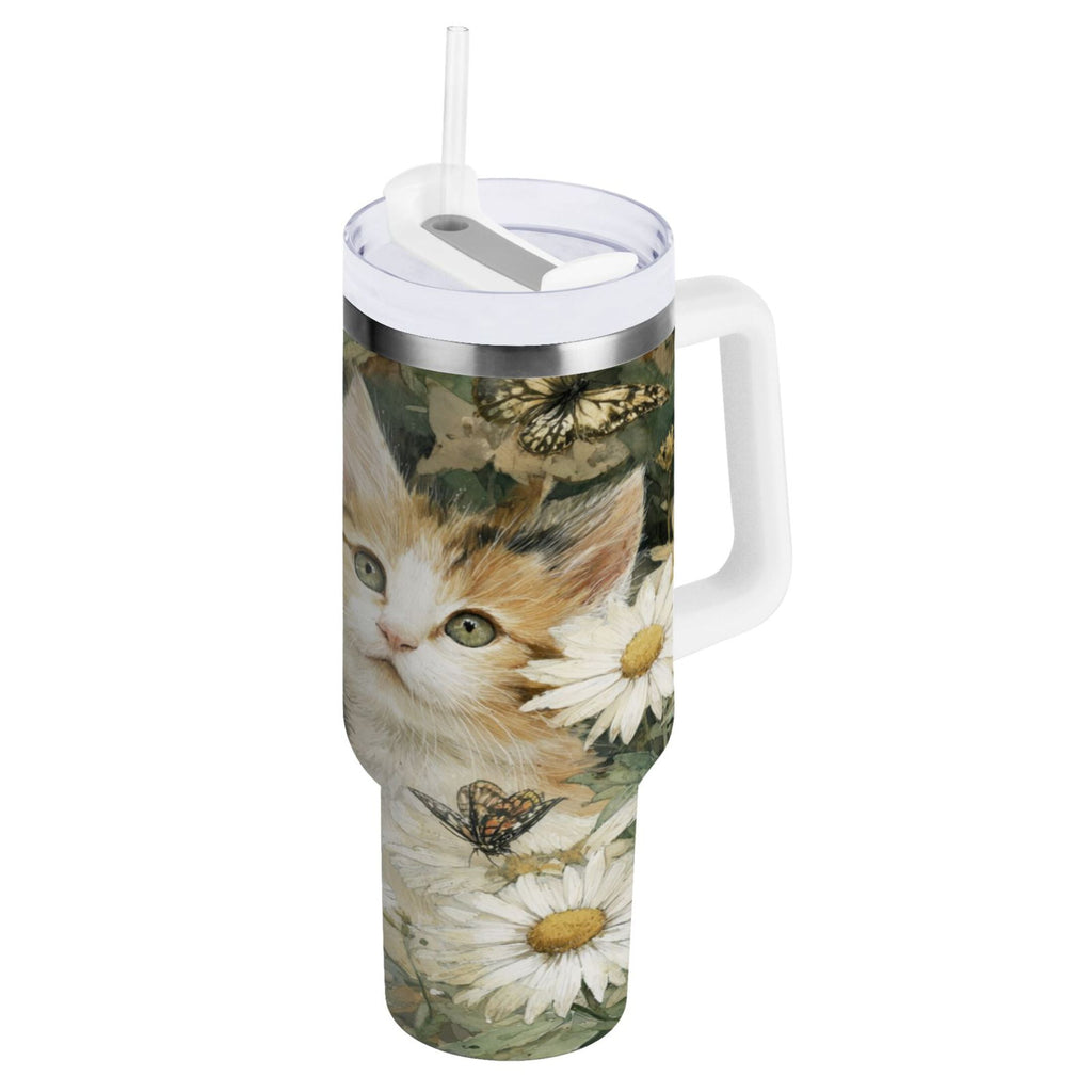 30 oz Insulated Stainless Steel Tumbler Double Wall Stainless Steel Tumbler with 2-Way Drinking Adorable Cats and Daisies Edition-E14Q