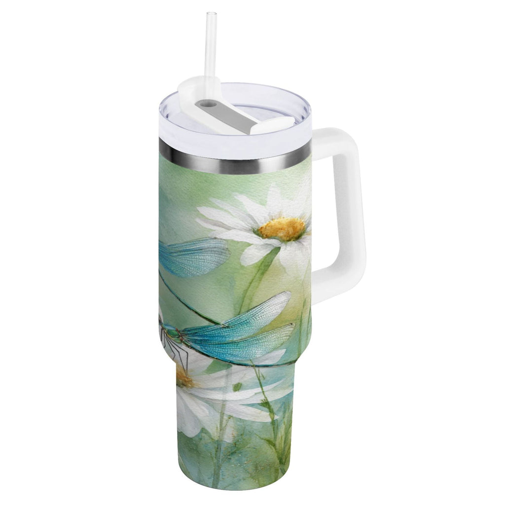 30 oz Insulated Stainless Steel Tumbler Double Wall Stainless Steel Tumbler with 2-Way Drinking Beautiful Dragonflies and Daisies Edition-LX77