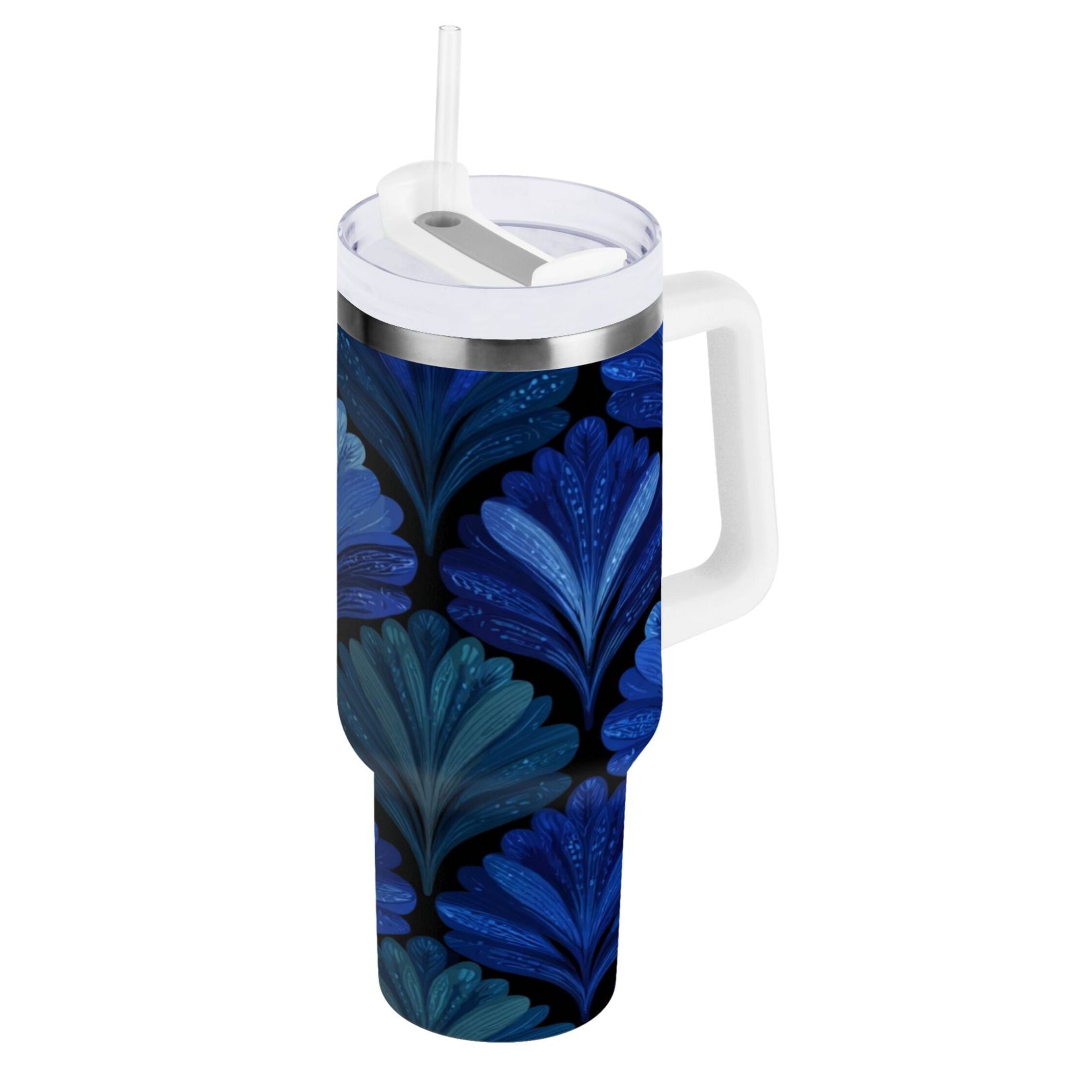 30 oz Insulated Stainless Steel Tumbler Double Wall Stainless Steel Tumbler with 2-Way Drinking Blue Batik Leaves Pattern Edition-U7IY