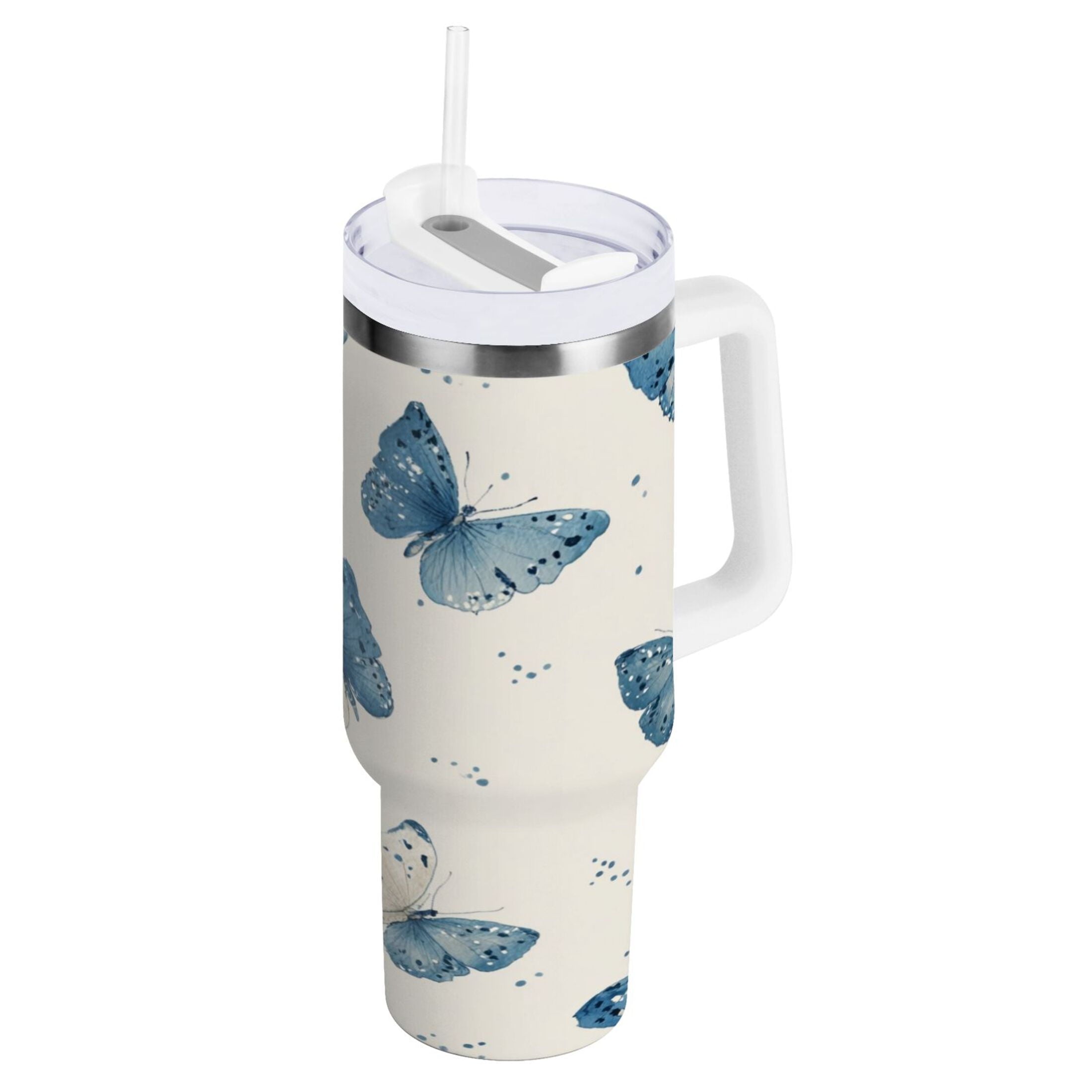 30 oz Insulated Stainless Steel Tumbler Double Wall Stainless Steel Tumbler with 2-Way Drinking Blue Watercolor Butterflies Edition-RNLV