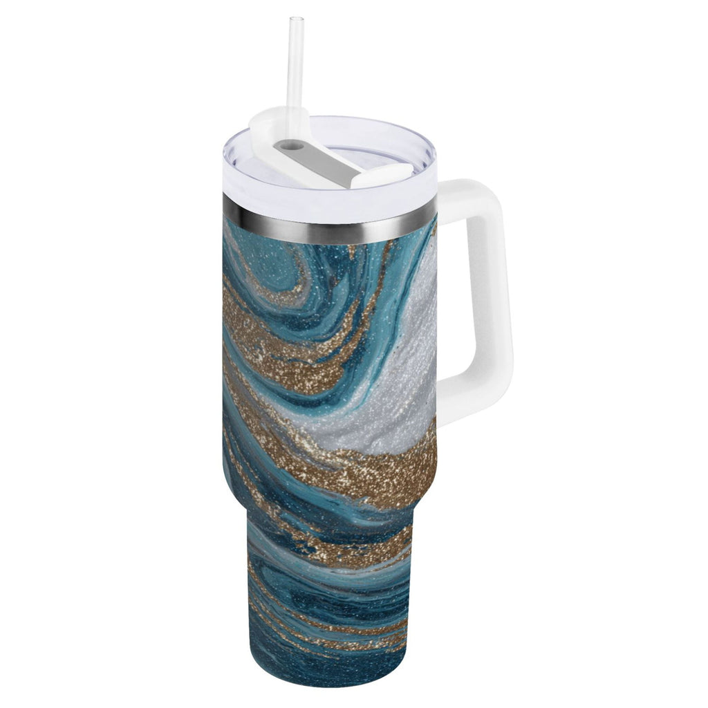 30 oz Insulated Stainless Steel Tumbler Double Wall Stainless Steel Tumbler with 2-Way Drinking Blue and Gold Swirling Edition-MPYL