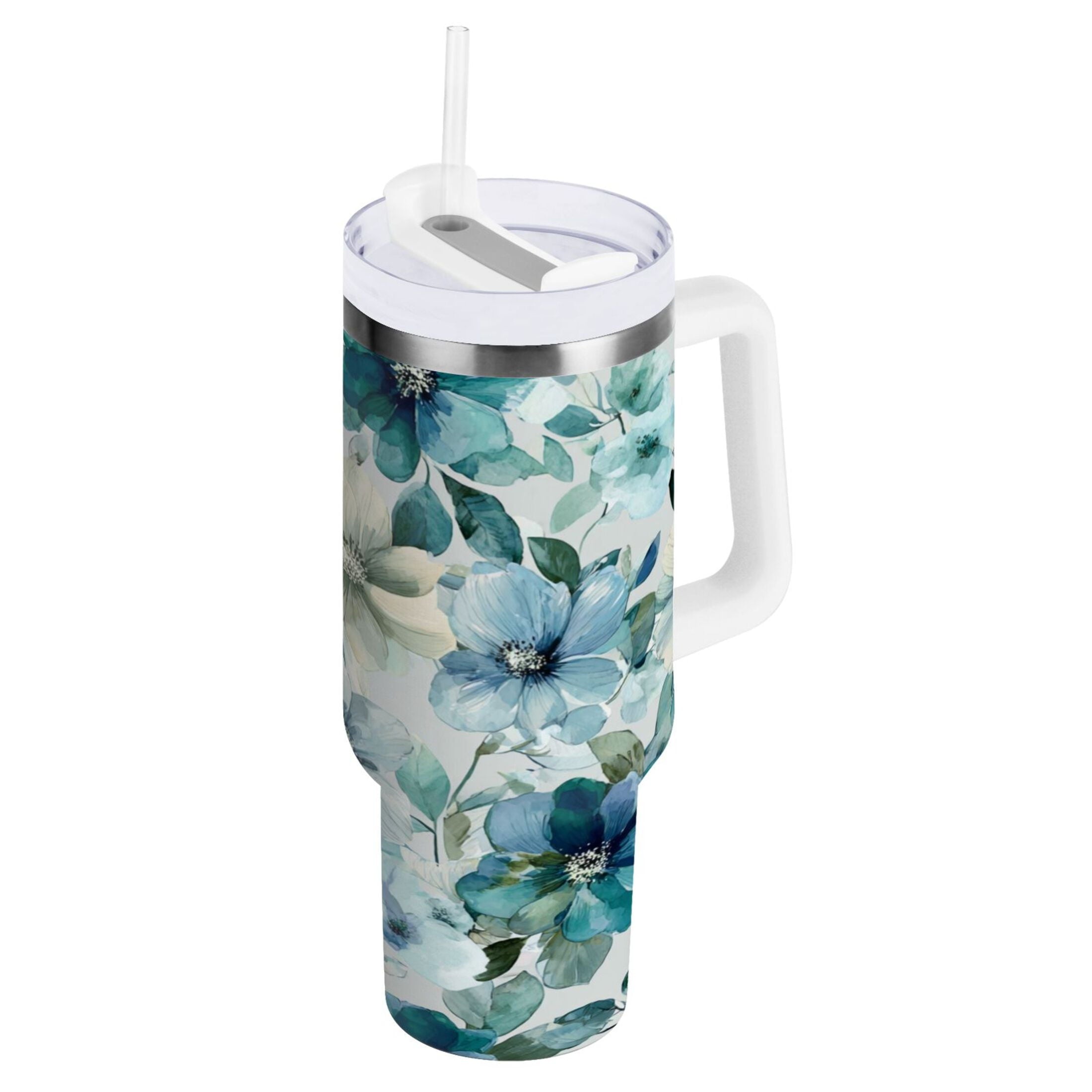 30 oz Insulated Stainless Steel Tumbler Double Wall Stainless Steel Tumbler with 2-Way Drinking Blue and Green Flowers Edition-80FH