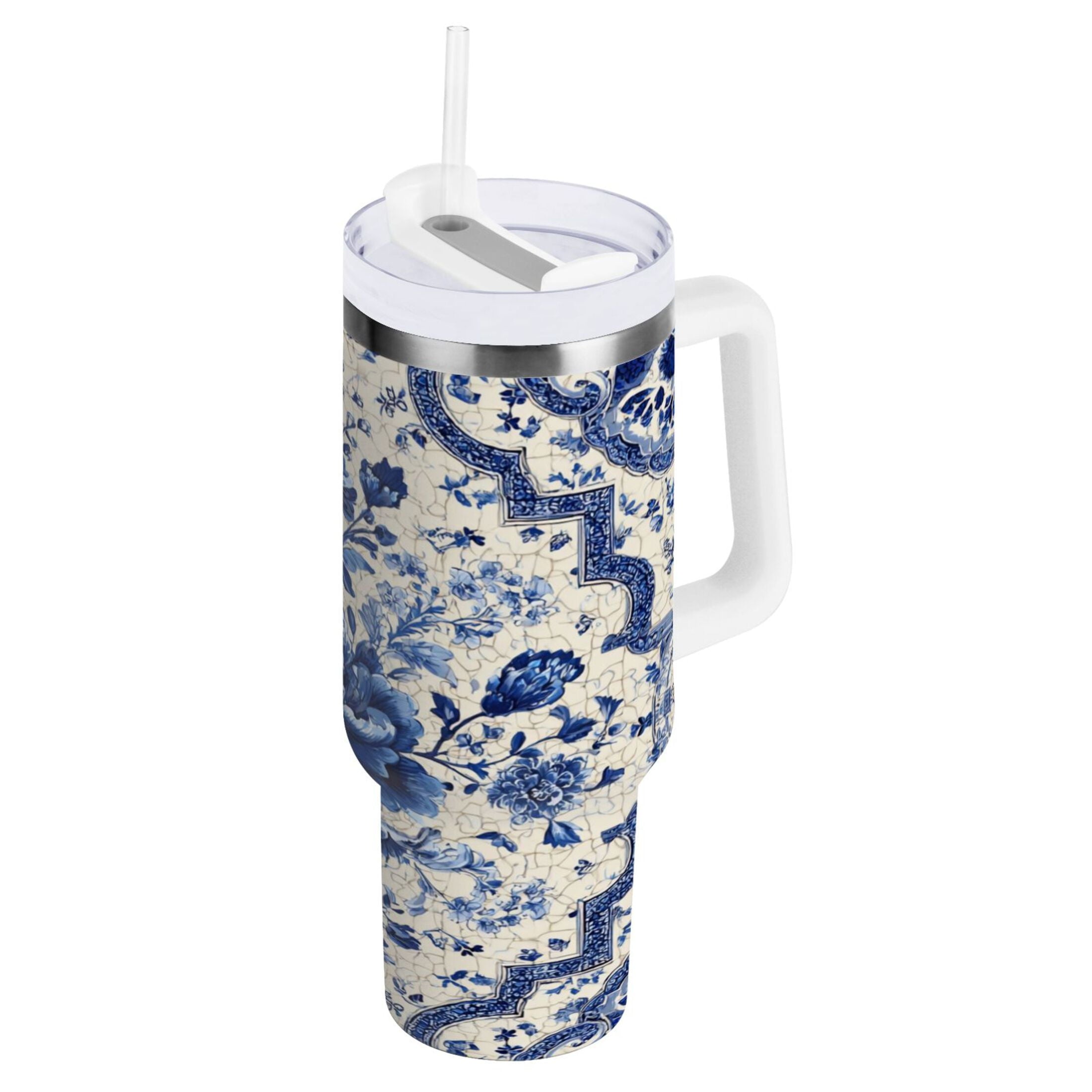 30 oz Insulated Stainless Steel Tumbler Double Wall Stainless Steel Tumbler with 2-Way Drinking Blue and White Porcelain-style Edition-QSUP