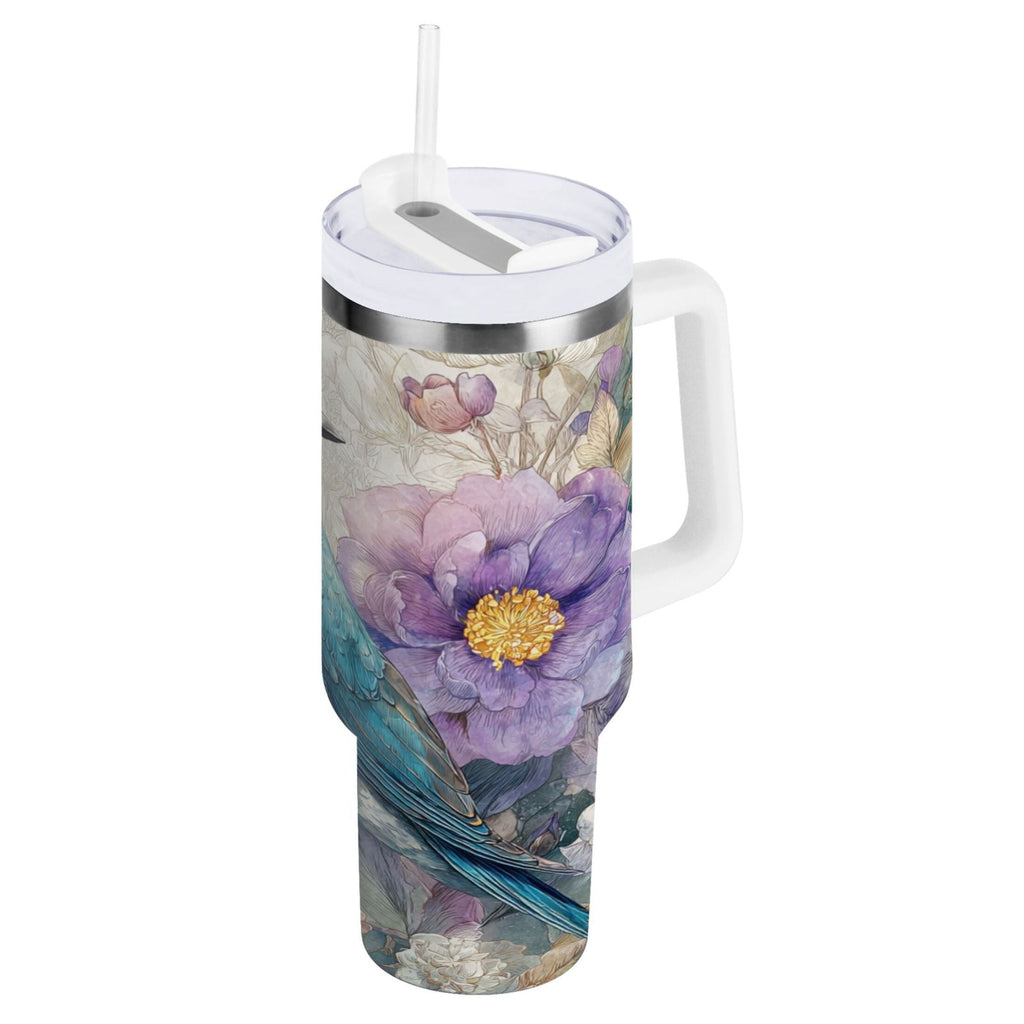30 oz Insulated Stainless Steel Tumbler Double Wall Stainless Steel Tumbler with 2-Way Drinking Bluebird and Flower Edition-Q4FO