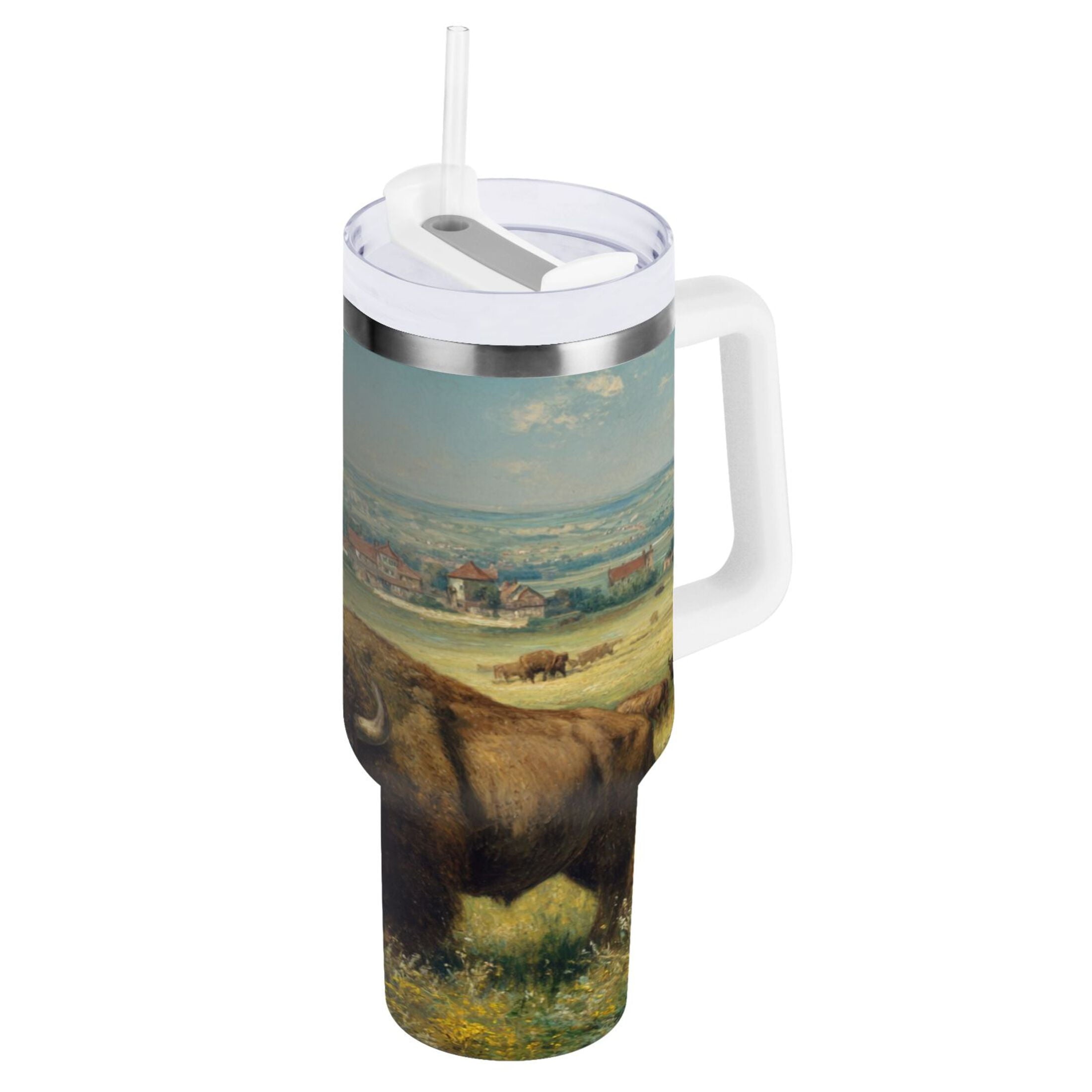 30 oz Insulated Stainless Steel Tumbler Double Wall Stainless Steel Tumbler with 2-Way Drinking Buffalo Herd Oil Painting Edition-SWI2