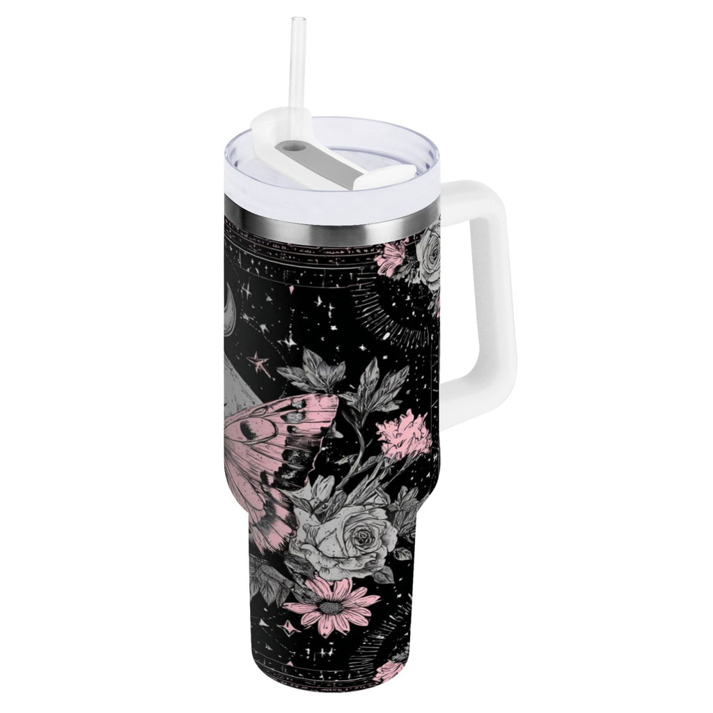 30 oz Insulated Stainless Steel Tumbler Double Wall Stainless Steel Tumbler with 2-Way Drinking Butterfly by Moon and Flowers Edition-D734