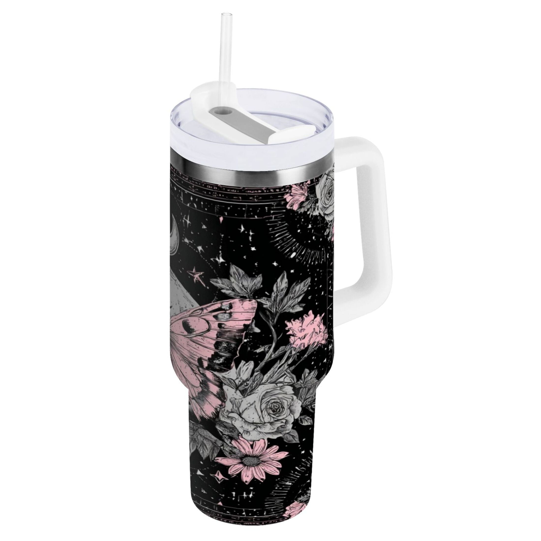 30 oz Insulated Stainless Steel Tumbler Double Wall Stainless Steel Tumbler with 2-Way Drinking Butterfly by Moon and Flowers Edition-D734
