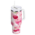 30 oz Insulated Stainless Steel Tumbler Double Wall Stainless Steel Tumbler with 2-Way Drinking Cherry and Pink Bow Pattern Edition-1632